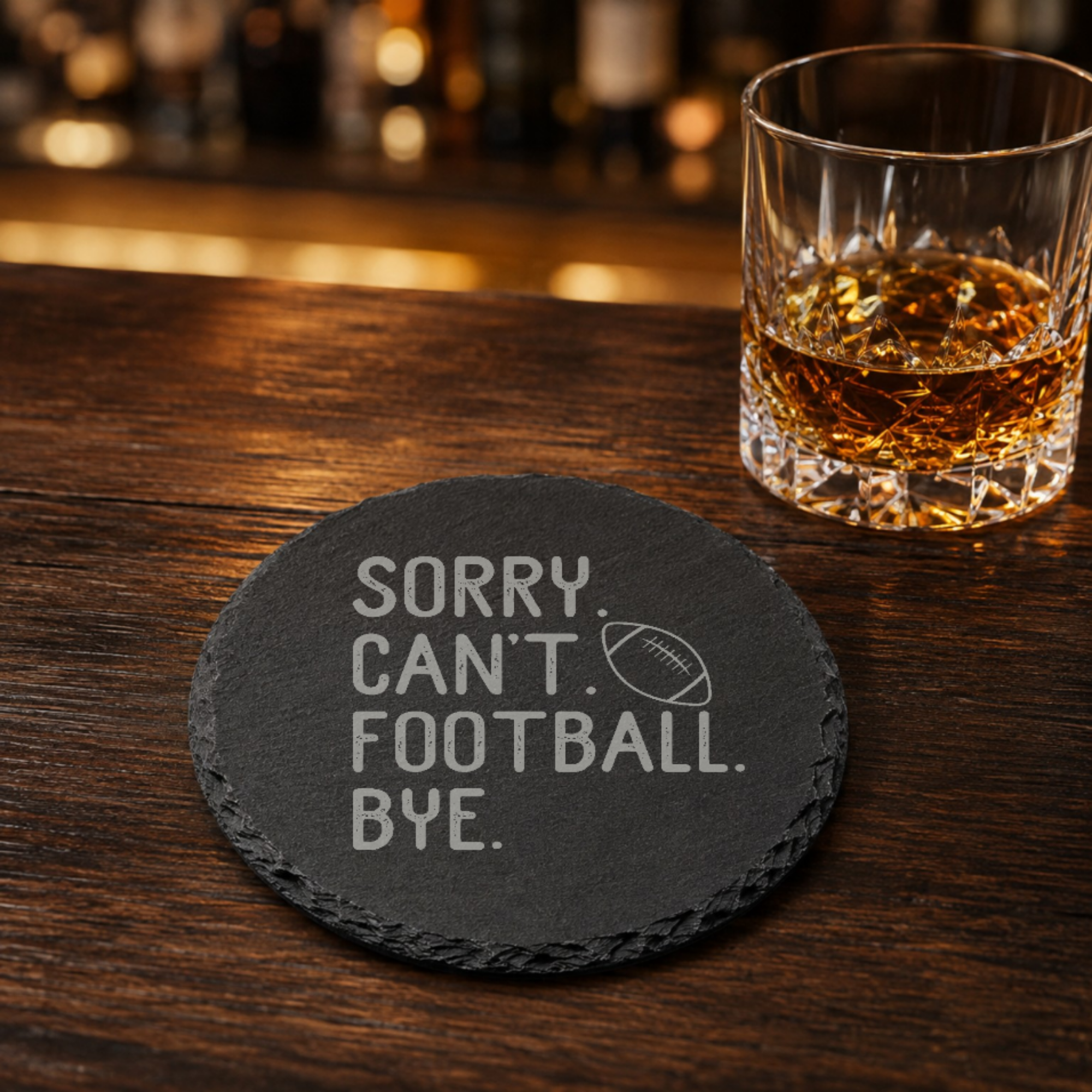 Touchdown Football Slate Coaster — Dandelion Design Co. — SlateStudioMedia:gallery:23 — 0034-TFGN_touchdown_football_slate_coaster_16_D02_round_whiskey_lifestyle.png