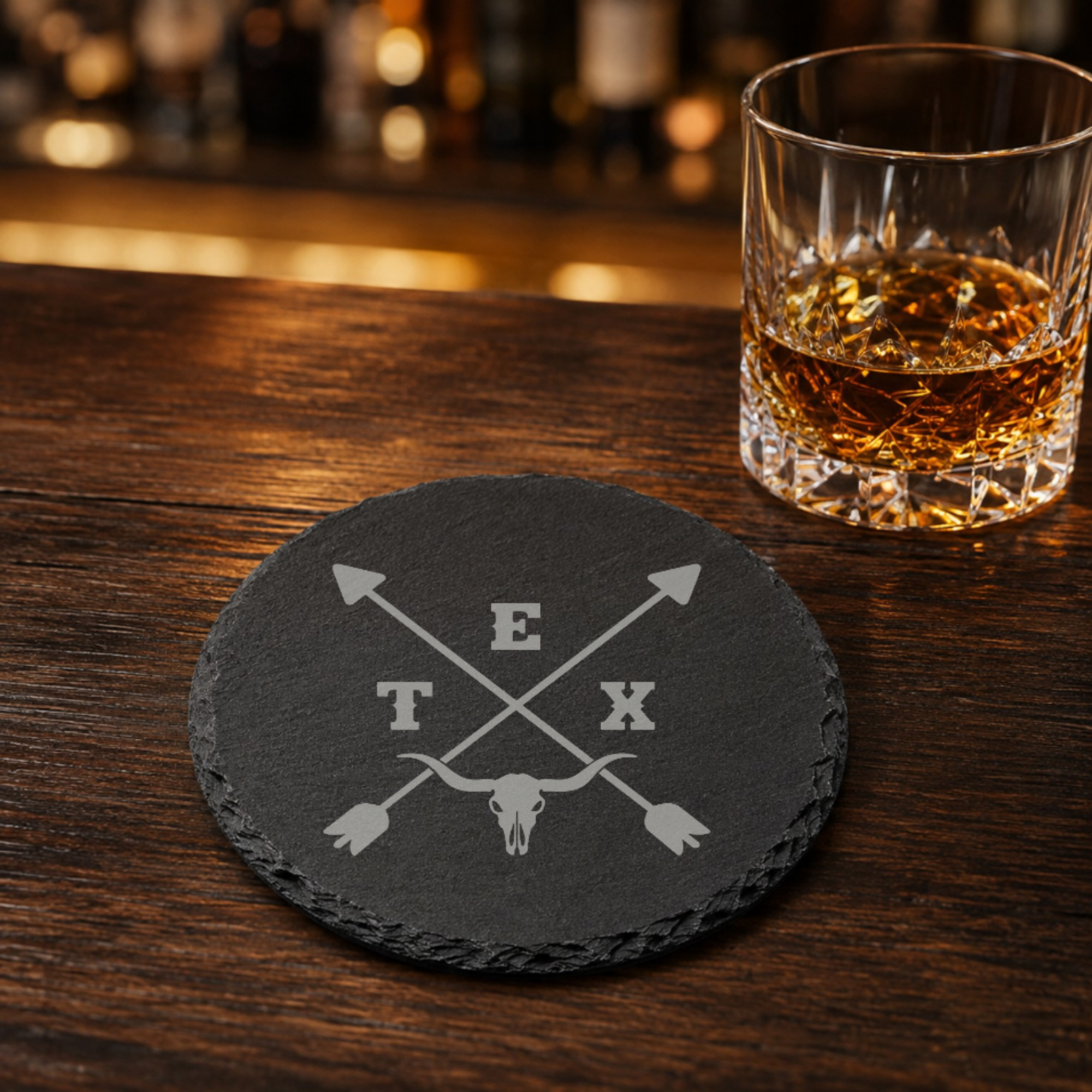 Texas LoneStar State Coaster — Dandelion Design Co. — SlateStudioMedia:gallery:21 — 0047-TLGN_texas_lonestar_state_coaster_08_round_whiskey_lifestyle.png