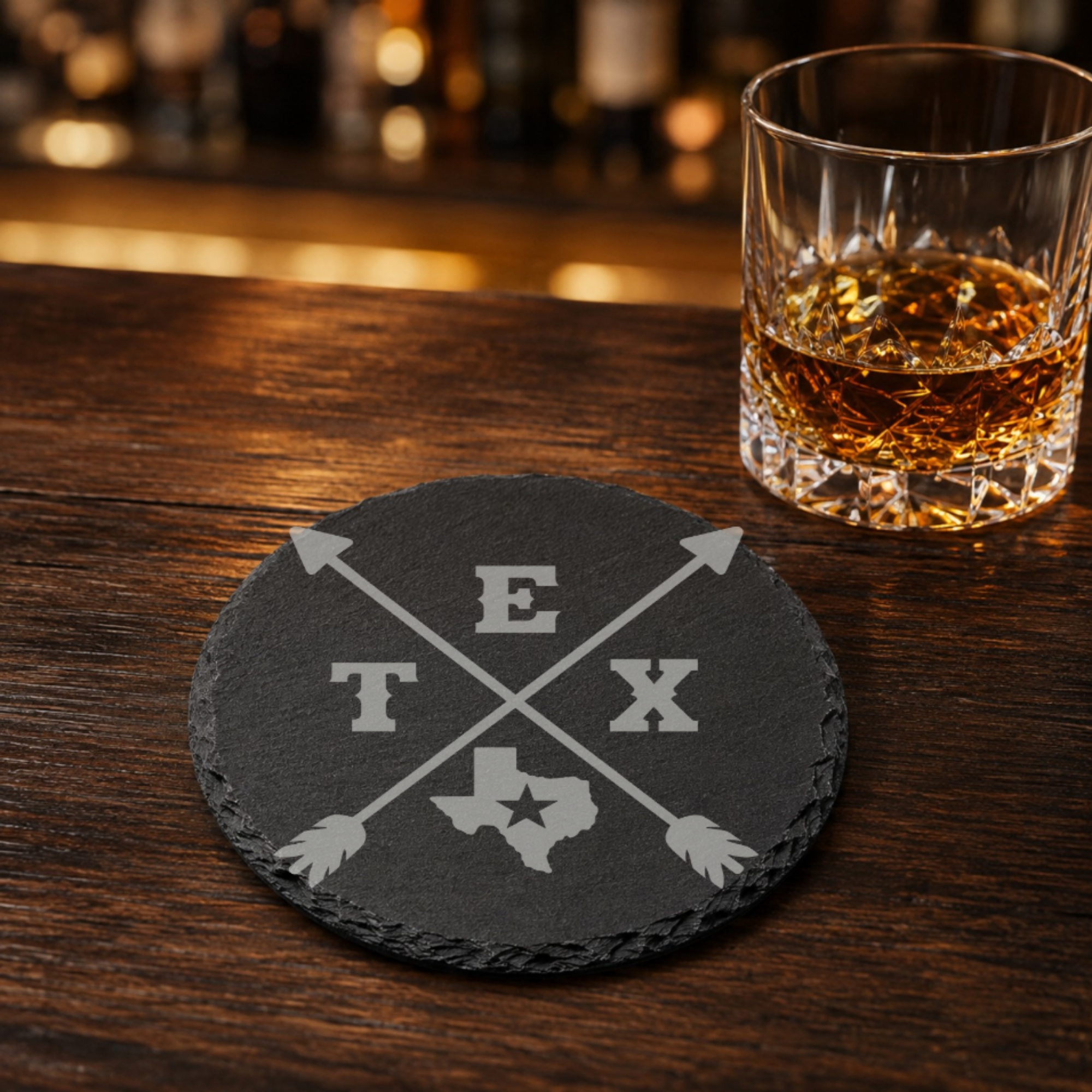 Texas LoneStar State Coaster — Dandelion Design Co. — SlateStudioMedia:gallery:23 — 0047-TLGN_texas_lonestar_state_coaster_16_D02_round_whiskey_lifestyle.png