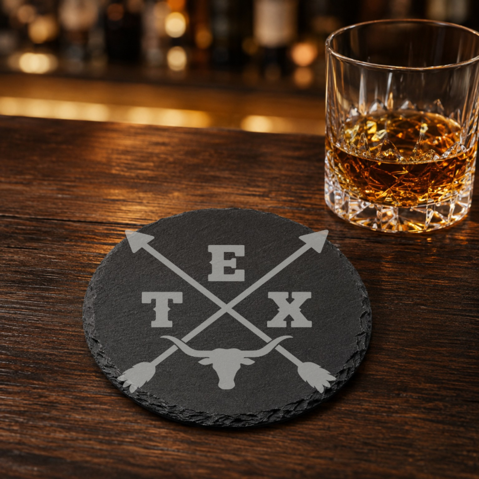Texas LoneStar State Coaster — Dandelion Design Co. — SlateStudioMedia:gallery:27 — 0047-TLGN_texas_lonestar_state_coaster_28_D04_round_whiskey_lifestyle.png