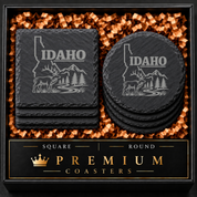 Idaho Slate Coasters 4x4 Laser Engraved Stone Drink Coasters Idaho Home Decor Gem State Established 1890 Gift — Dandelion Design Co. — SlateStudioMedia:hero:1 — 0070-ISGN_idaho_slate_coasters_4x4_laser_engraved_stone_drink_coasters_idaho_home_decor_gem_state_established_1890_gift_01_square_round_gift_hero.png