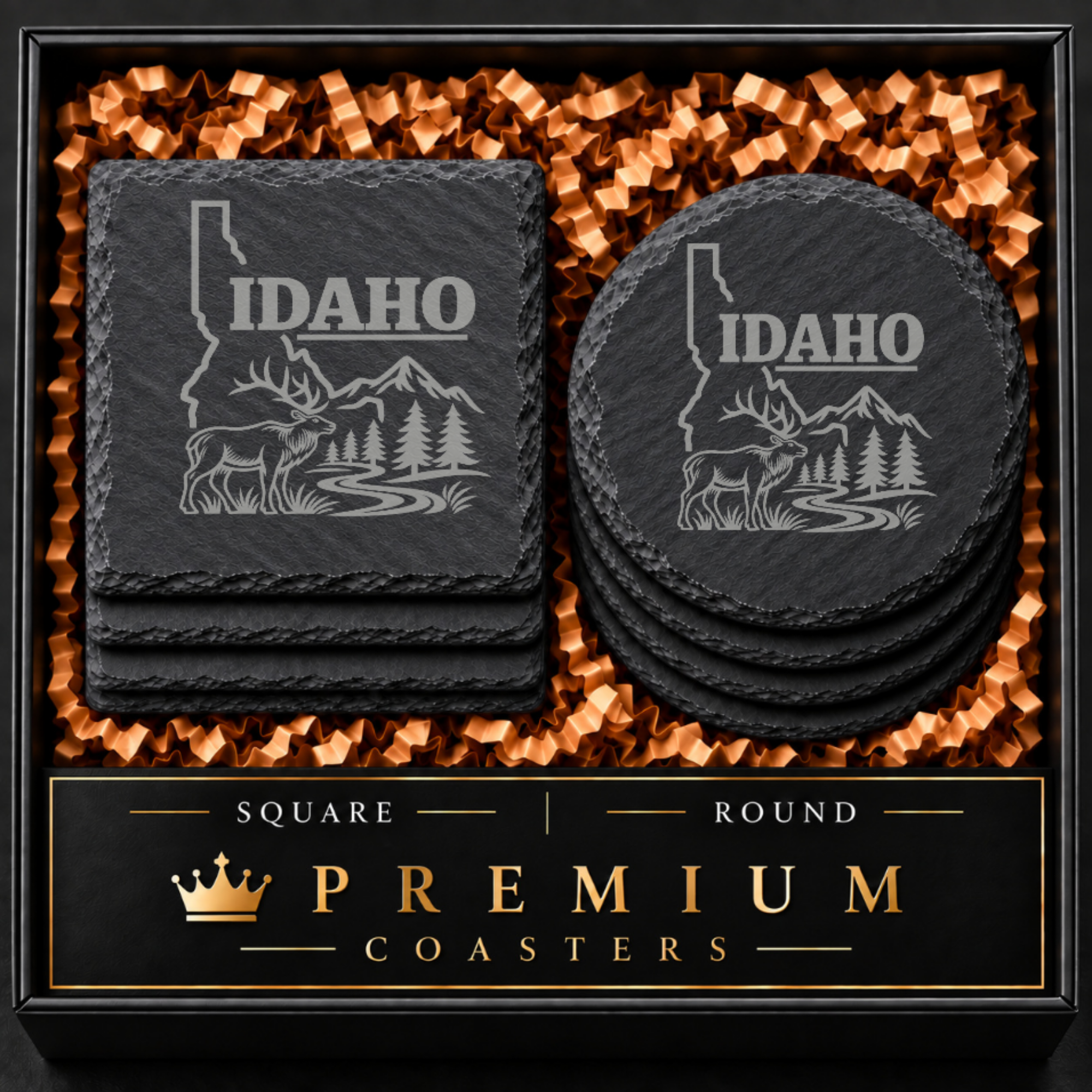 Idaho Slate Coasters 4x4 Laser Engraved Stone Drink Coasters Idaho Home Decor Gem State Established 1890 Gift — Dandelion Design Co. — SlateStudioMedia:hero:1 — 0070-ISGN_idaho_slate_coasters_4x4_laser_engraved_stone_drink_coasters_idaho_home_decor_gem_state_established_1890_gift_01_square_round_gift_hero.png