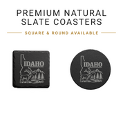 Idaho Slate Coasters 4x4 Laser Engraved Stone Drink Coasters Idaho Home Decor Gem State Established 1890 Gift — Dandelion Design Co. — SlateStudioMedia:gallery:28 — 0070-ISGN_idaho_slate_coasters_4x4_laser_engraved_stone_drink_coasters_idaho_home_decor_gem_state_established_1890_gift_02_square_round_available.png