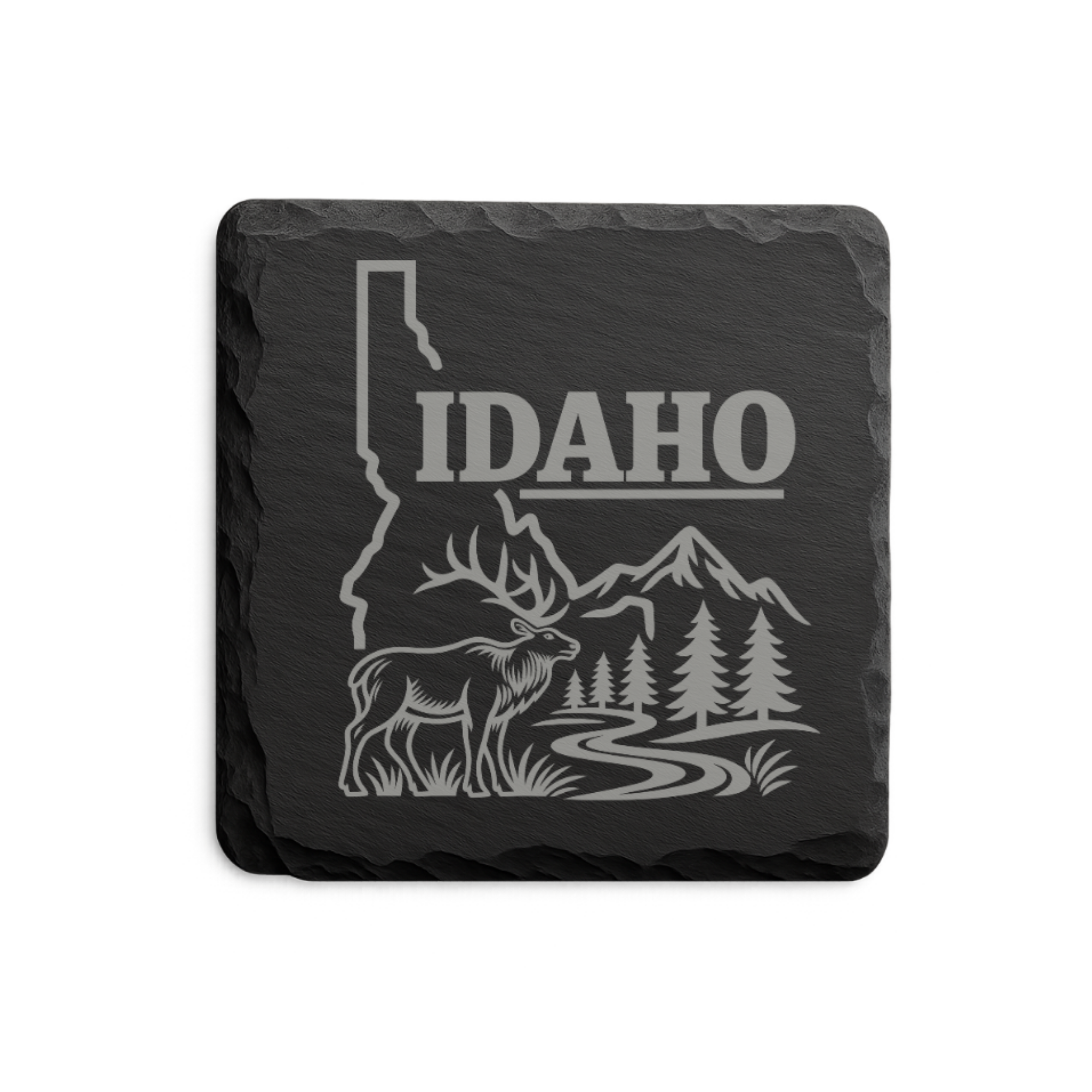 Idaho Slate Coasters 4x4 Laser Engraved Stone Drink Coasters Idaho Home Decor Gem State Established 1890 Gift — Dandelion Design Co. — SlateStudioMedia:design%3A1%3Ashape%3Asquare:3 — 0070-ISGN_idaho_slate_coasters_4x4_laser_engraved_stone_drink_coasters_idaho_home_decor_gem_state_established_1890_gift_03_square_main.png