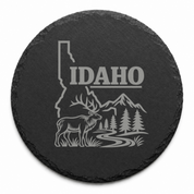 Idaho Slate Coasters 4x4 Laser Engraved Stone Drink Coasters Idaho Home Decor Gem State Established 1890 Gift — Dandelion Design Co. — SlateStudioMedia:design%3A1%3Ashape%3Around:6 — 0070-ISGN_idaho_slate_coasters_4x4_laser_engraved_stone_drink_coasters_idaho_home_decor_gem_state_established_1890_gift_04_round_main.png