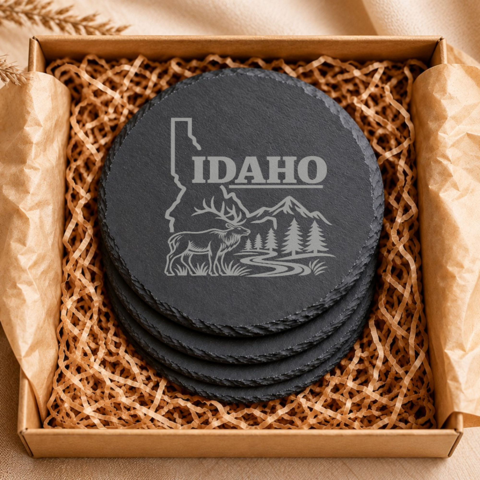 Idaho Slate Coasters 4x4 Laser Engraved Stone Drink Coasters Idaho Home Decor Gem State Established 1890 Gift — Dandelion Design Co. — SlateStudioMedia:gallery:11 — 0070-ISGN_idaho_slate_coasters_4x4_laser_engraved_stone_drink_coasters_idaho_home_decor_gem_state_established_1890_gift_06_round_gift_box.png