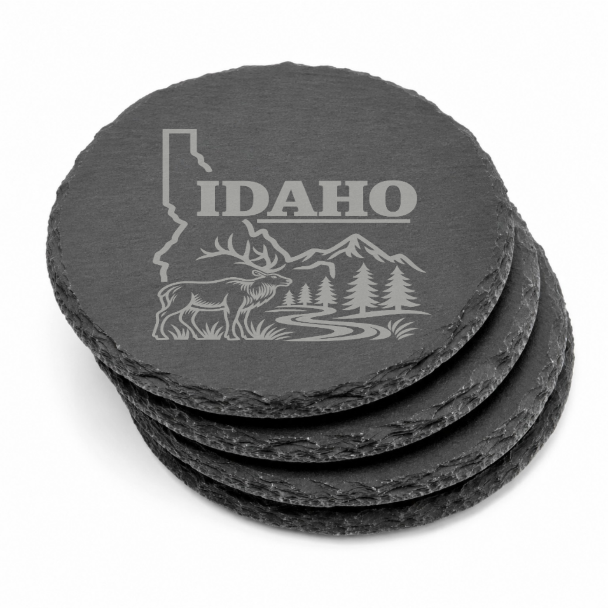 Idaho Slate Coasters 4x4 Laser Engraved Stone Drink Coasters Idaho Home Decor Gem State Established 1890 Gift — Dandelion Design Co. — SlateStudioMedia:gallery:13 — 0070-ISGN_idaho_slate_coasters_4x4_laser_engraved_stone_drink_coasters_idaho_home_decor_gem_state_established_1890_gift_10_round_stack.png