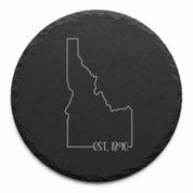 Idaho Slate Coasters 4x4 Laser Engraved Stone Drink Coasters Idaho Home Decor Gem State Established 1890 Gift — Dandelion Design Co. — SlateStudioMedia:design%3A2%3Ashape%3Around:7 — 0070-ISGN_idaho_slate_coasters_4x4_laser_engraved_stone_drink_coasters_idaho_home_decor_gem_state_established_1890_gift_14_D02_round_main.png