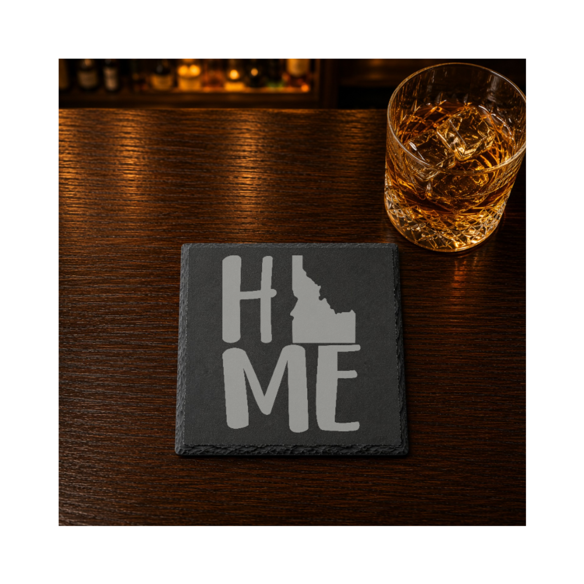 Idaho Slate Coasters 4x4 Laser Engraved Stone Drink Coasters Idaho Home Decor Gem State Established 1890 Gift — Dandelion Design Co. — SlateStudioMedia:gallery:26 — 0070-ISGN_idaho_slate_coasters_4x4_laser_engraved_stone_drink_coasters_idaho_home_decor_gem_state_established_1890_gift_25_D04_square_whiskey_lifestyle.png