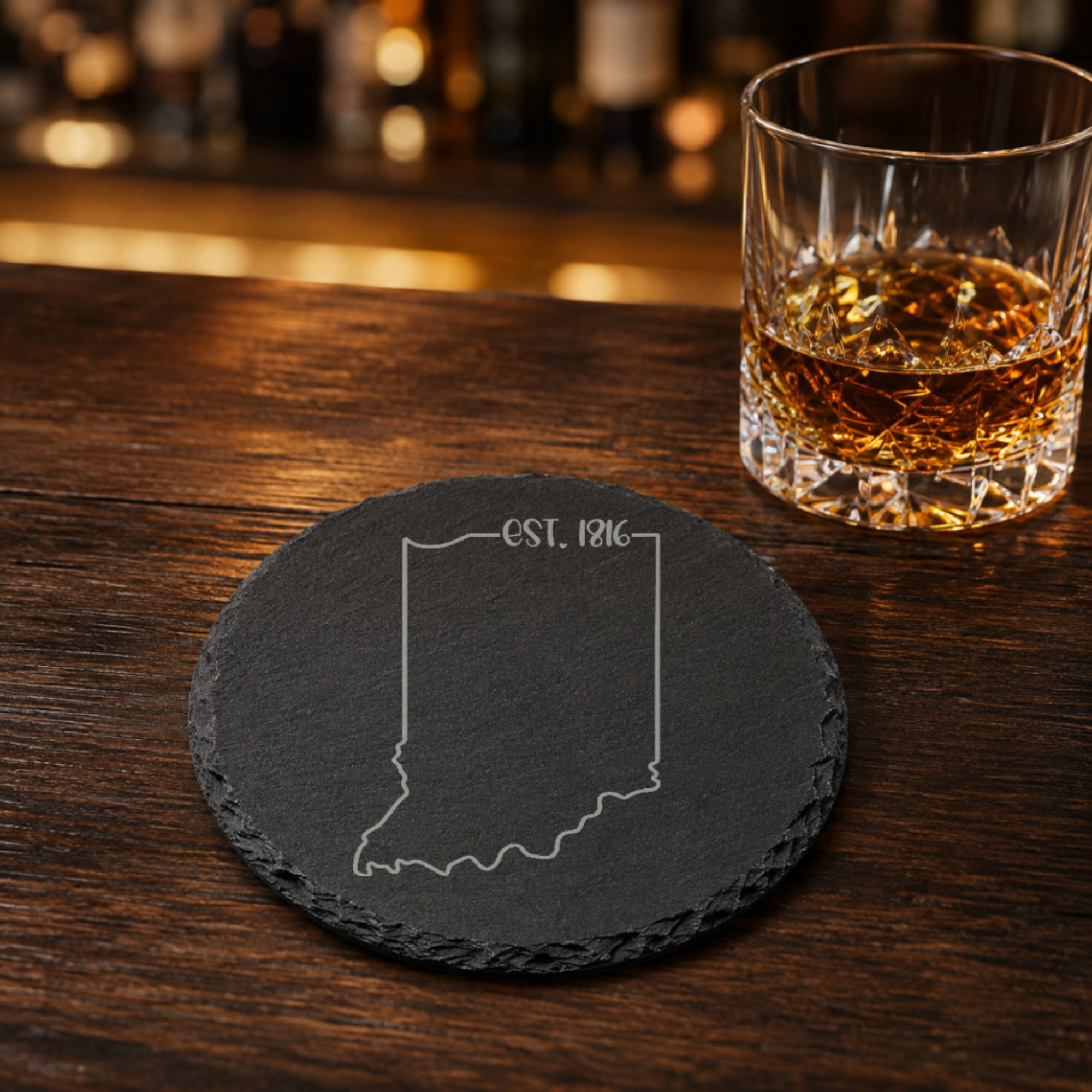 Illinois Themed Slate Drink Coasters Bulk Order | Chicago Corporate Event Gifts | Conference Swag Bags | Retreat Kits Business Events — Dandelion Design Co. — SlateStudioMedia:gallery:19 — 0079-ITGN_illinois_themed_slate_drink_coasters_bulk_order_chicago_corporate_event_gifts_conference_swag_bags_retreat_kits_business_events_16_D02_round_whiskey_lifestyle.png