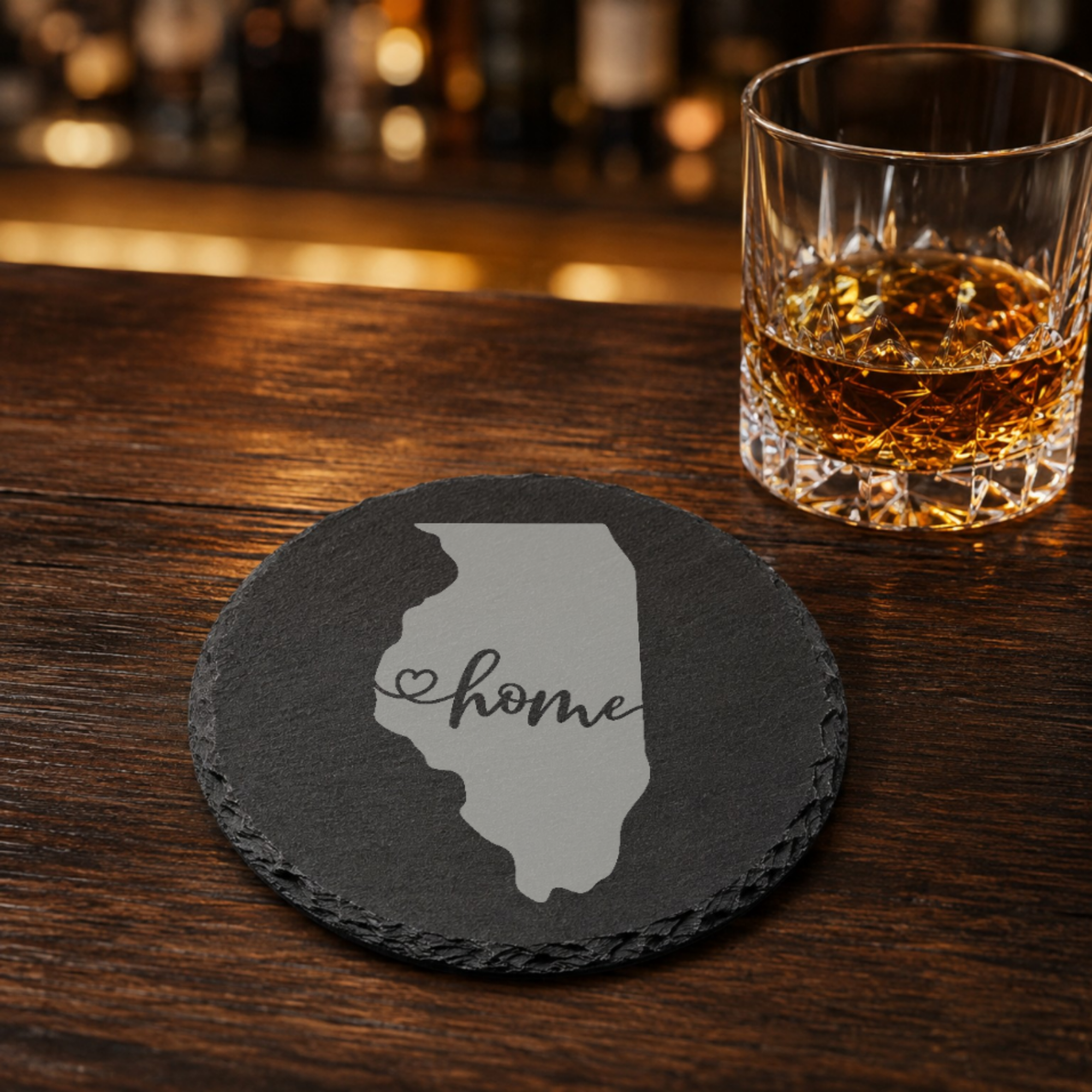Illinois Themed Slate Drink Coasters Bulk Order | Chicago Corporate Event Gifts | Conference Swag Bags | Retreat Kits Business Events — Dandelion Design Co. — SlateStudioMedia:gallery:21 — 0079-ITGN_illinois_themed_slate_drink_coasters_bulk_order_chicago_corporate_event_gifts_conference_swag_bags_retreat_kits_business_events_22_D03_round_whiskey_lifestyle.png