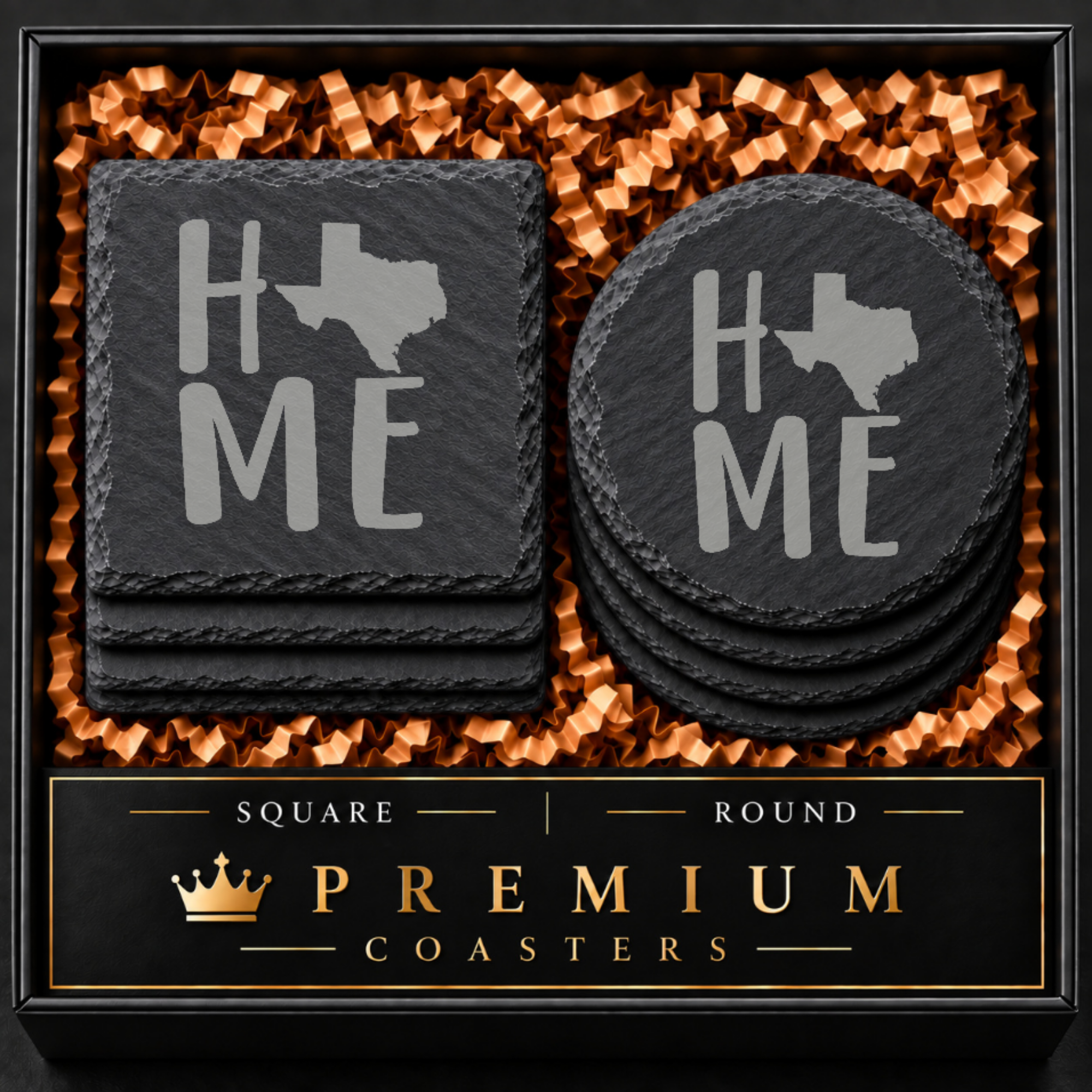 Texas Themed Slate Drink Coasters Bulk Order | Corporate Event Gifts | Conference Swag Bags | Retreat Welcome Kits | Business Events — Dandelion Design Co. — SlateStudioMedia:hero:1 — 0080-TTGN_texas_themed_slate_drink_coasters_bulk_order_corporate_event_gifts_conference_swag_bags_retreat_welcome_kits_business_events_01_square_round_gift_hero.png