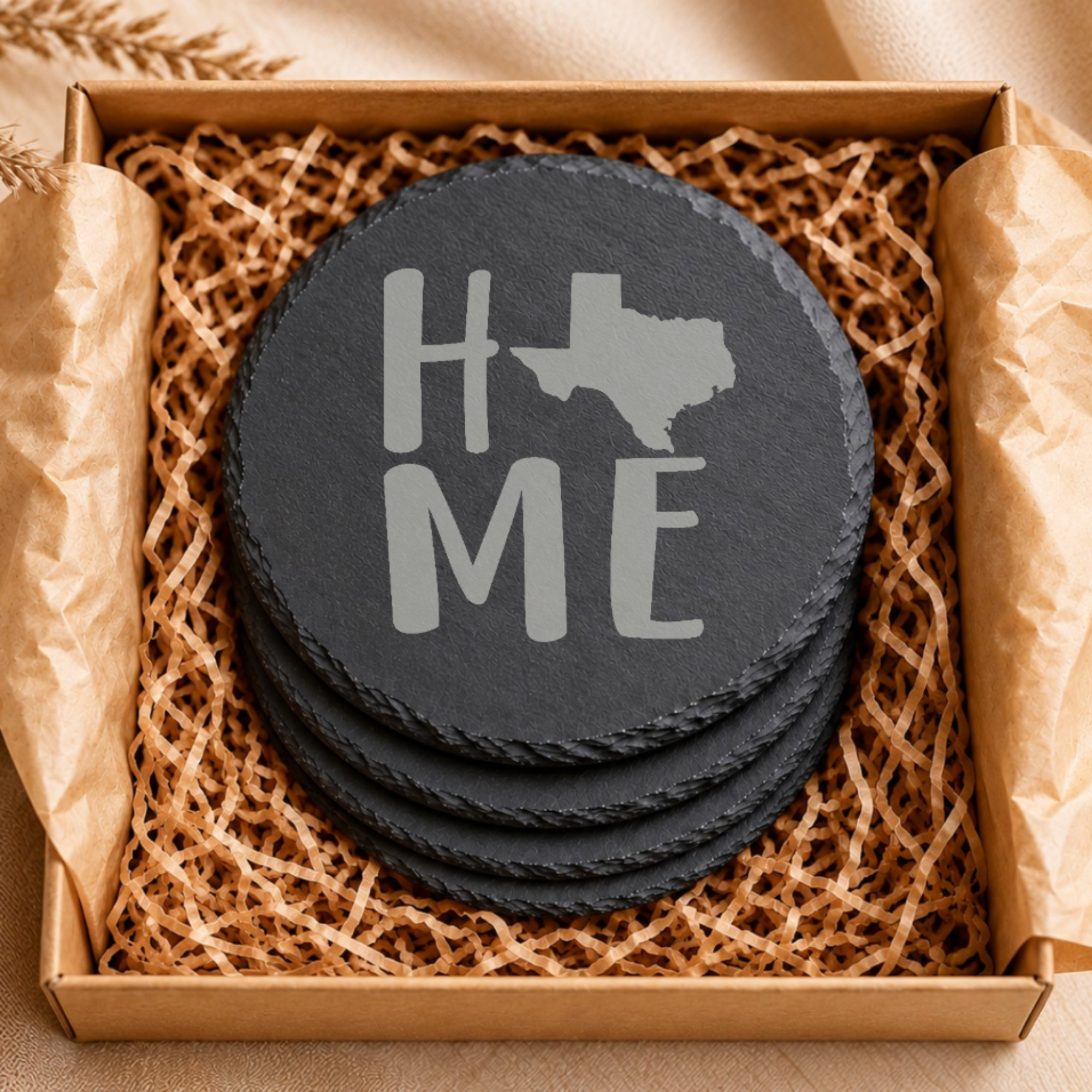 Texas Themed Slate Drink Coasters Bulk Order | Corporate Event Gifts | Conference Swag Bags | Retreat Welcome Kits | Business Events — Dandelion Design Co. — SlateStudioMedia:gallery:9 — 0080-TTGN_texas_themed_slate_drink_coasters_bulk_order_corporate_event_gifts_conference_swag_bags_retreat_welcome_kits_business_events_06_round_gift_box.png