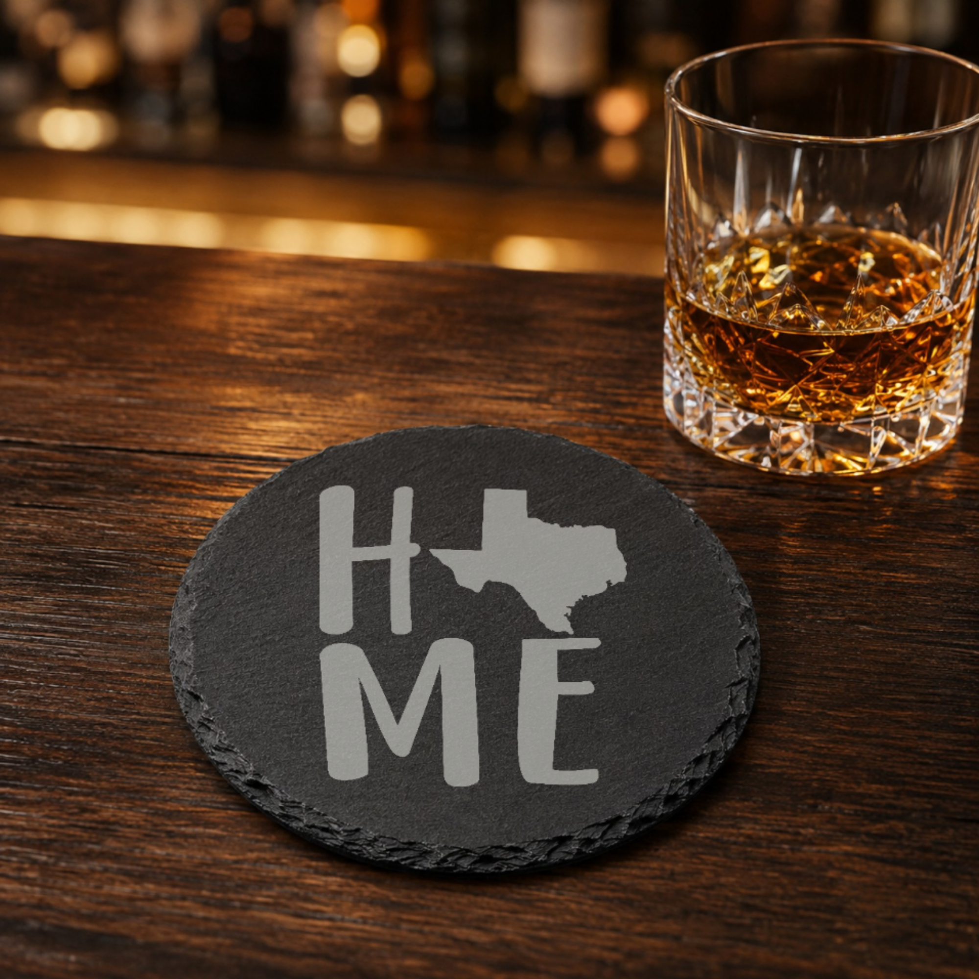 Texas Themed Slate Drink Coasters Bulk Order | Corporate Event Gifts | Conference Swag Bags | Retreat Welcome Kits | Business Events — Dandelion Design Co. — SlateStudioMedia:gallery:17 — 0080-TTGN_texas_themed_slate_drink_coasters_bulk_order_corporate_event_gifts_conference_swag_bags_retreat_welcome_kits_business_events_08_round_whiskey_lifestyle.png