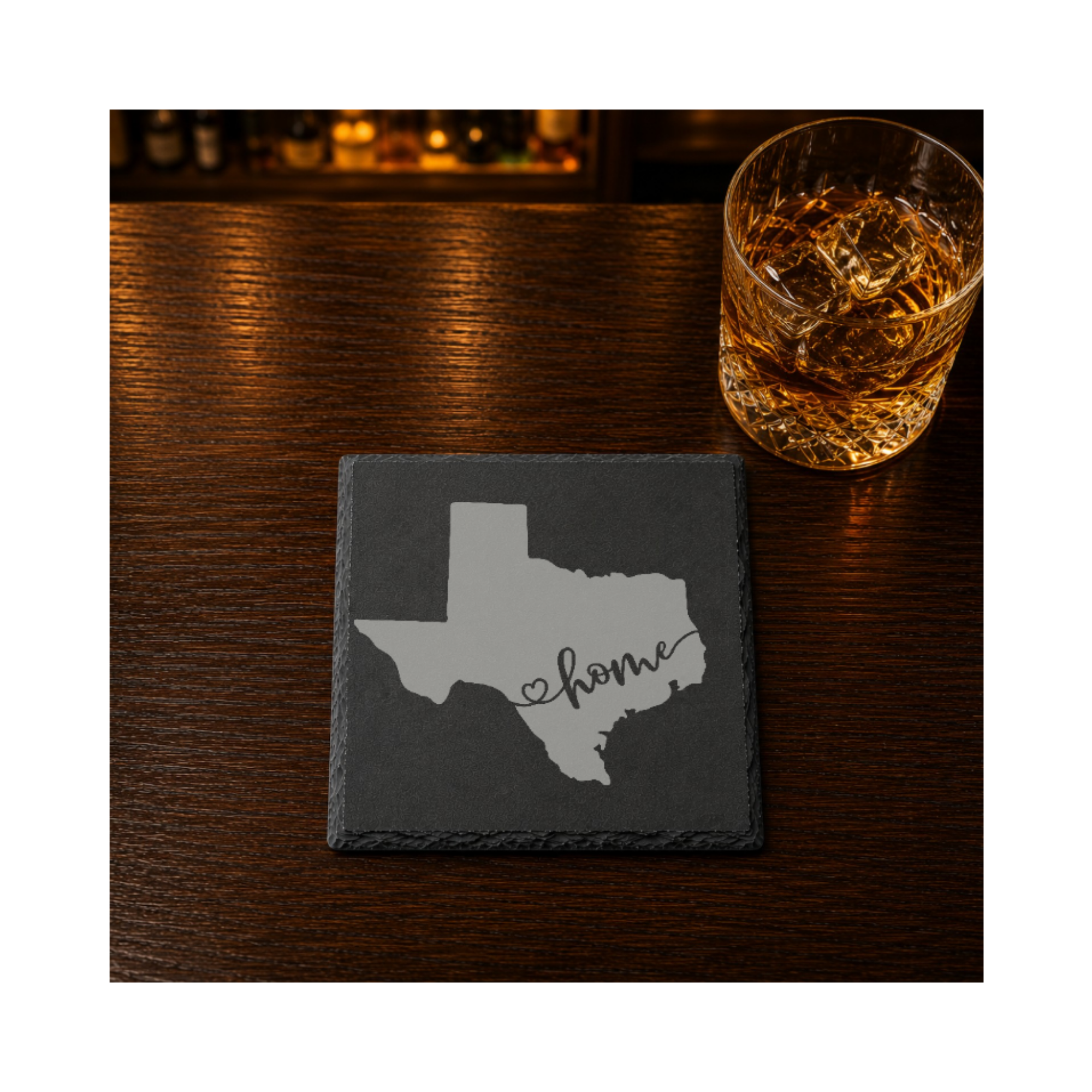 Texas Themed Slate Drink Coasters Bulk Order | Corporate Event Gifts | Conference Swag Bags | Retreat Welcome Kits | Business Events — Dandelion Design Co. — SlateStudioMedia:gallery:18 — 0080-TTGN_texas_themed_slate_drink_coasters_bulk_order_corporate_event_gifts_conference_swag_bags_retreat_welcome_kits_business_events_13_D02_square_whiskey_lifestyle.png