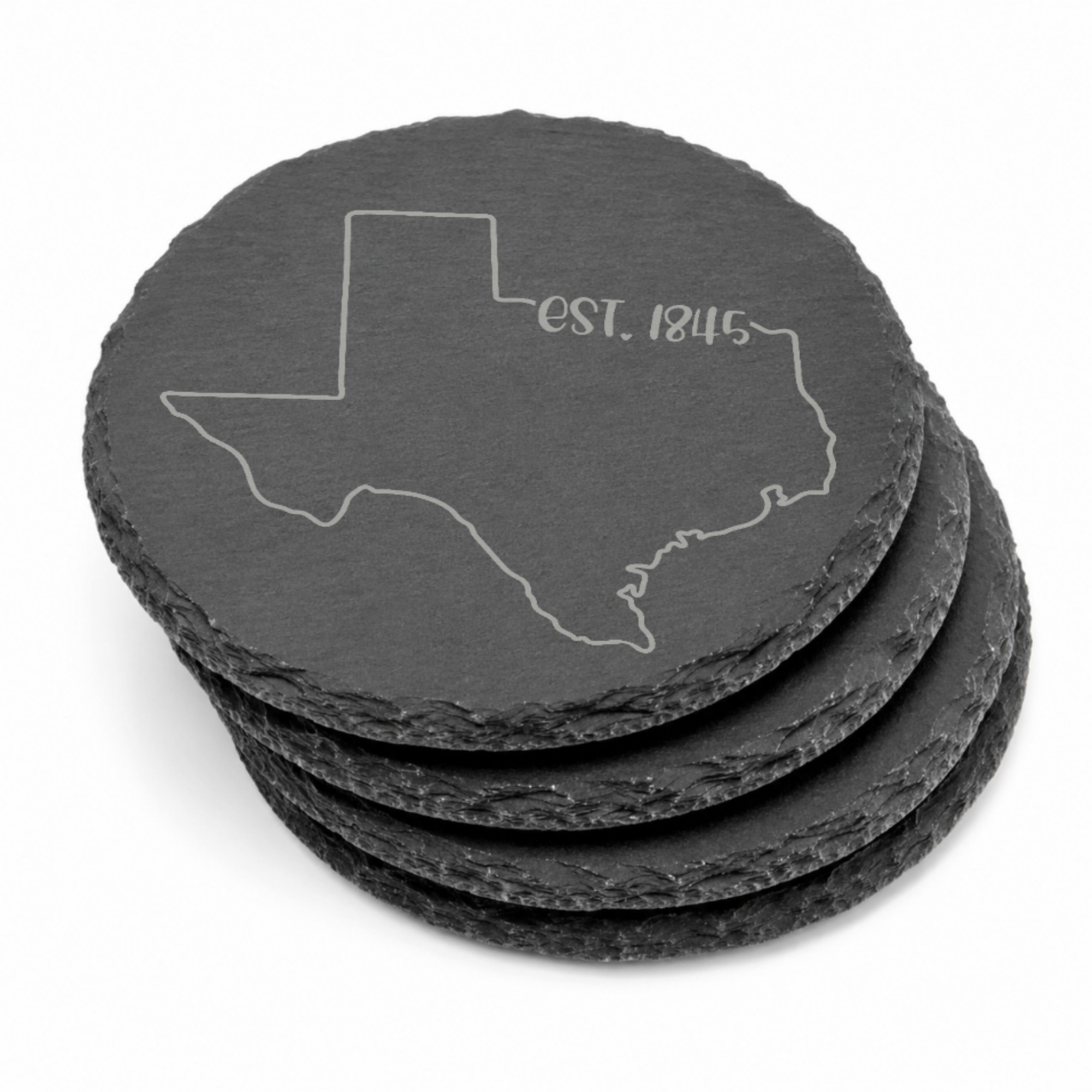 Texas Themed Slate Drink Coasters Bulk Order | Corporate Event Gifts | Conference Swag Bags | Retreat Welcome Kits | Business Events — Dandelion Design Co. — SlateStudioMedia:gallery:15 — 0080-TTGN_texas_themed_slate_drink_coasters_bulk_order_corporate_event_gifts_conference_swag_bags_retreat_welcome_kits_business_events_21_D03_round_stack.png