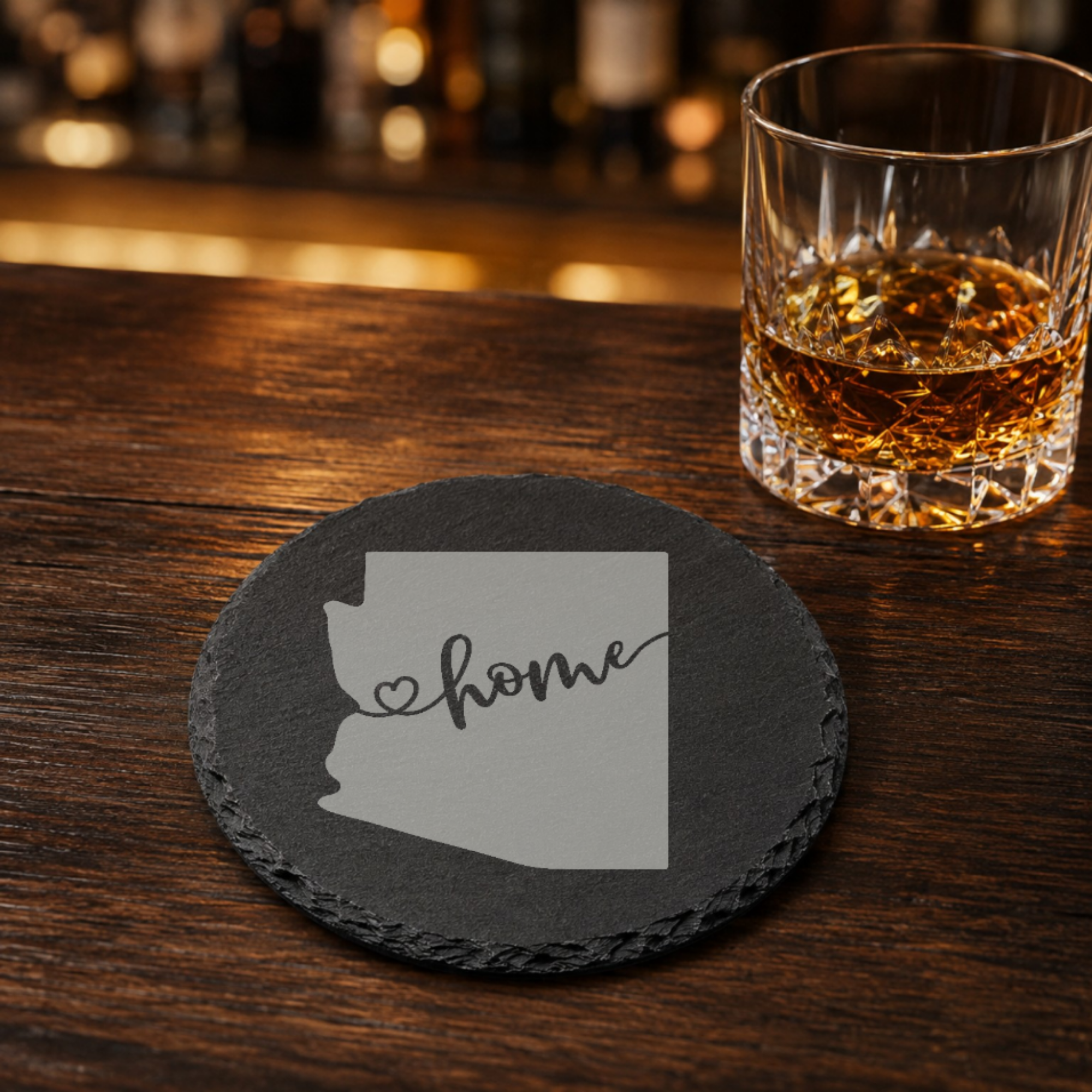 Arizona Themed Slate Drink Coasters Bulk Order | Corporate Retreat Gifts | Conference Swag Bags | Welcome Kits | Training & Business Events — Dandelion Design Co. — SlateStudioMedia:gallery:19 — 0081-ATGN_arizona_themed_slate_drink_coasters_bulk_order_corporate_retreat_gifts_conference_swag_bags_welcome_kits_training_business_events_16_D02_round_whiskey_lifestyle.png