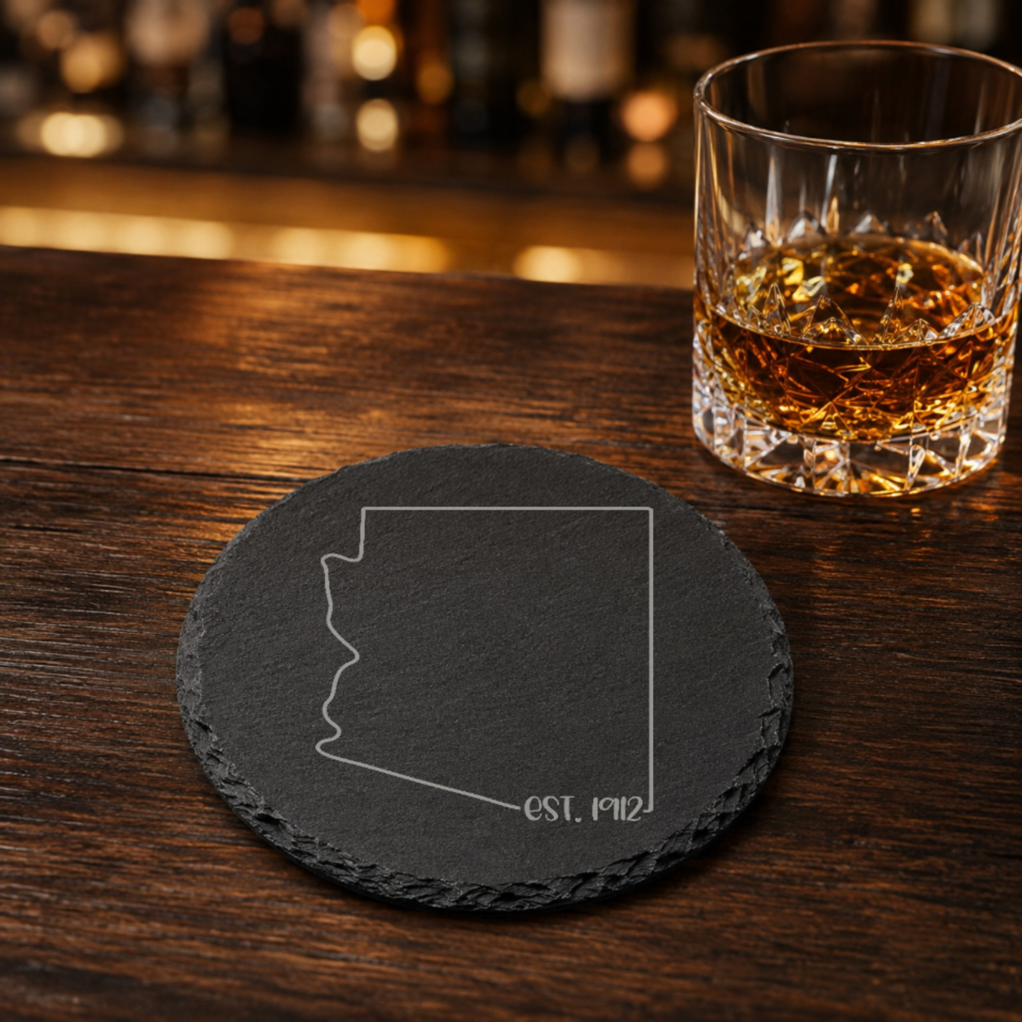Arizona Themed Slate Drink Coasters Bulk Order | Corporate Retreat Gifts | Conference Swag Bags | Welcome Kits | Training & Business Events — Dandelion Design Co. — SlateStudioMedia:gallery:21 — 0081-ATGN_arizona_themed_slate_drink_coasters_bulk_order_corporate_retreat_gifts_conference_swag_bags_welcome_kits_training_business_events_22_D03_round_whiskey_lifestyle.png