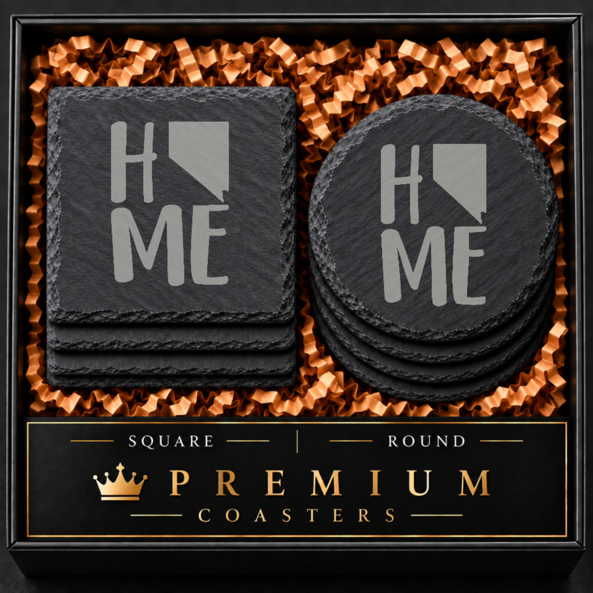 Nevada Themed Slate Drink Coasters Bulk Order | Las Vegas Corporate Event Gifts | Conference Swag Bags | Retreat Welcome Kits | Business — Dandelion Design Co. — SlateStudioMedia:hero:1 — 0084-NTGN_nevada_themed_slate_drink_coasters_bulk_order_las_vegas_corporate_event_gifts_conference_swag_bags_retreat_welcome_kits_business_01_square_round_gift_hero.png