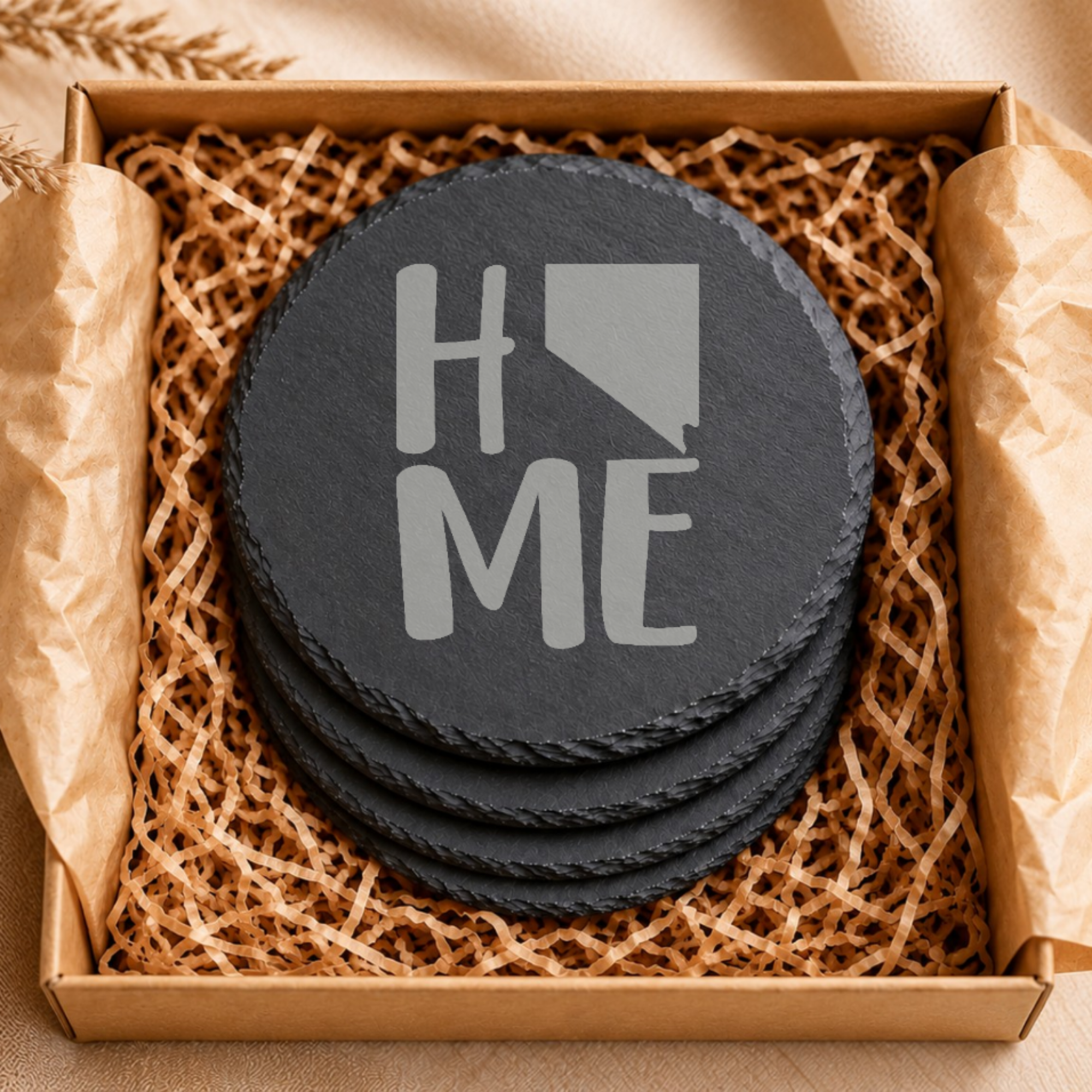 Nevada Themed Slate Drink Coasters Bulk Order | Las Vegas Corporate Event Gifts | Conference Swag Bags | Retreat Welcome Kits | Business — Dandelion Design Co. — SlateStudioMedia:gallery:9 — 0084-NTGN_nevada_themed_slate_drink_coasters_bulk_order_las_vegas_corporate_event_gifts_conference_swag_bags_retreat_welcome_kits_business_06_round_gift_box.png