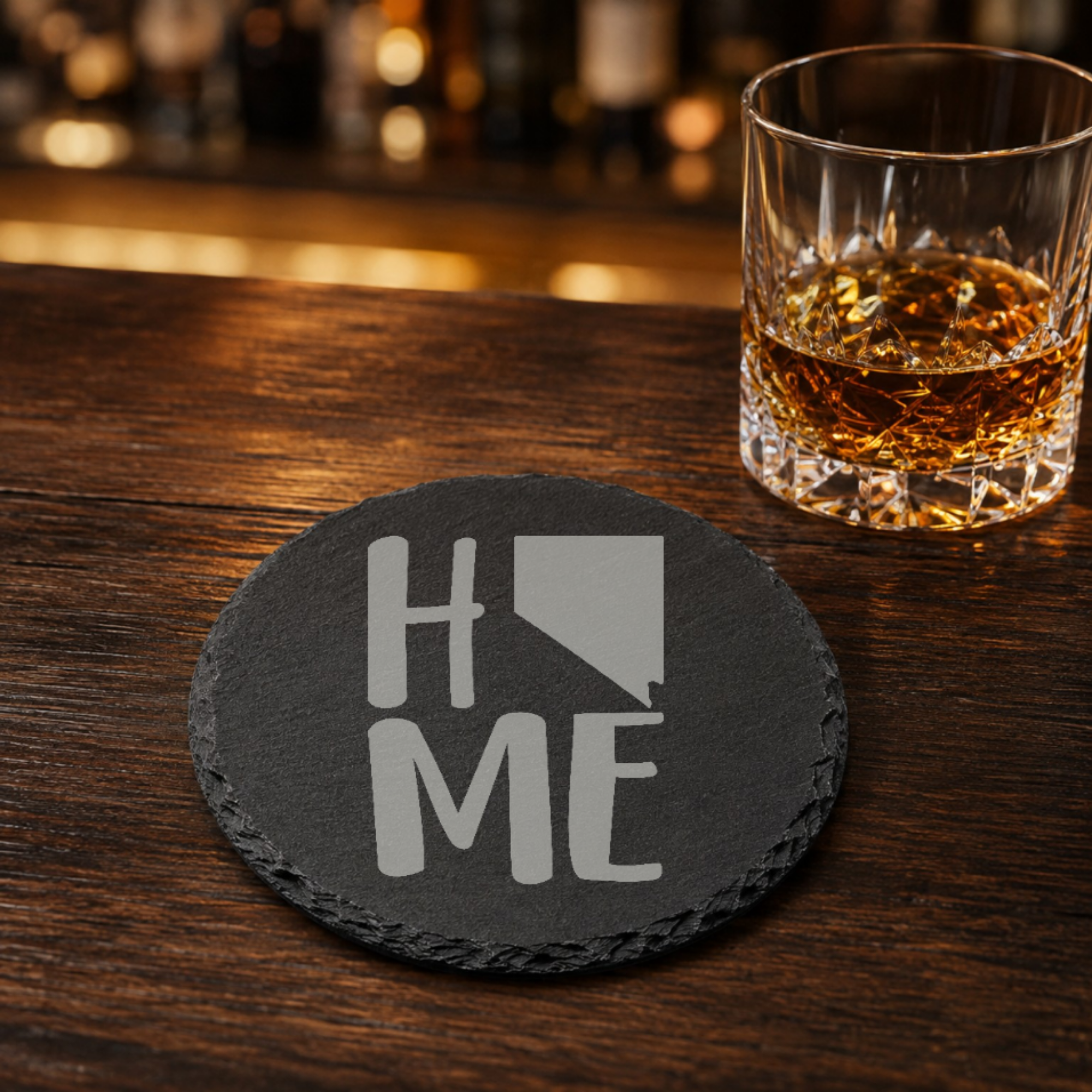 Nevada Themed Slate Drink Coasters Bulk Order | Las Vegas Corporate Event Gifts | Conference Swag Bags | Retreat Welcome Kits | Business — Dandelion Design Co. — SlateStudioMedia:gallery:17 — 0084-NTGN_nevada_themed_slate_drink_coasters_bulk_order_las_vegas_corporate_event_gifts_conference_swag_bags_retreat_welcome_kits_business_08_round_whiskey_lifestyle.png