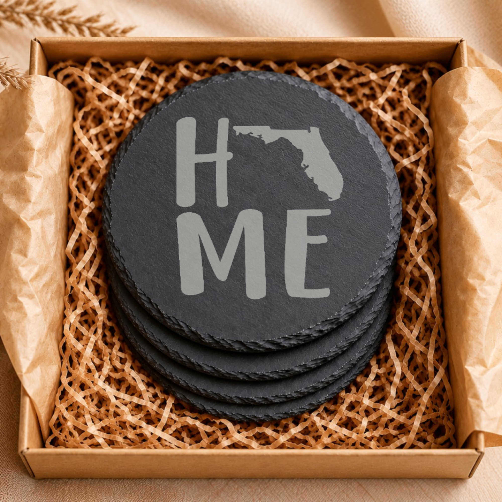 Florida Themed Slate Drink Coasters Bulk | Corporate Event Gifts | Conference Swag Bags | Retreat Welcome Gifts | Training & Company Events — Dandelion Design Co. — SlateStudioMedia:gallery:9 — 0085-FTGN_florida_themed_slate_drink_coasters_bulk_corporate_event_gifts_conference_swag_bags_retreat_welcome_gifts_training_company_events_06_round_gift_box.png