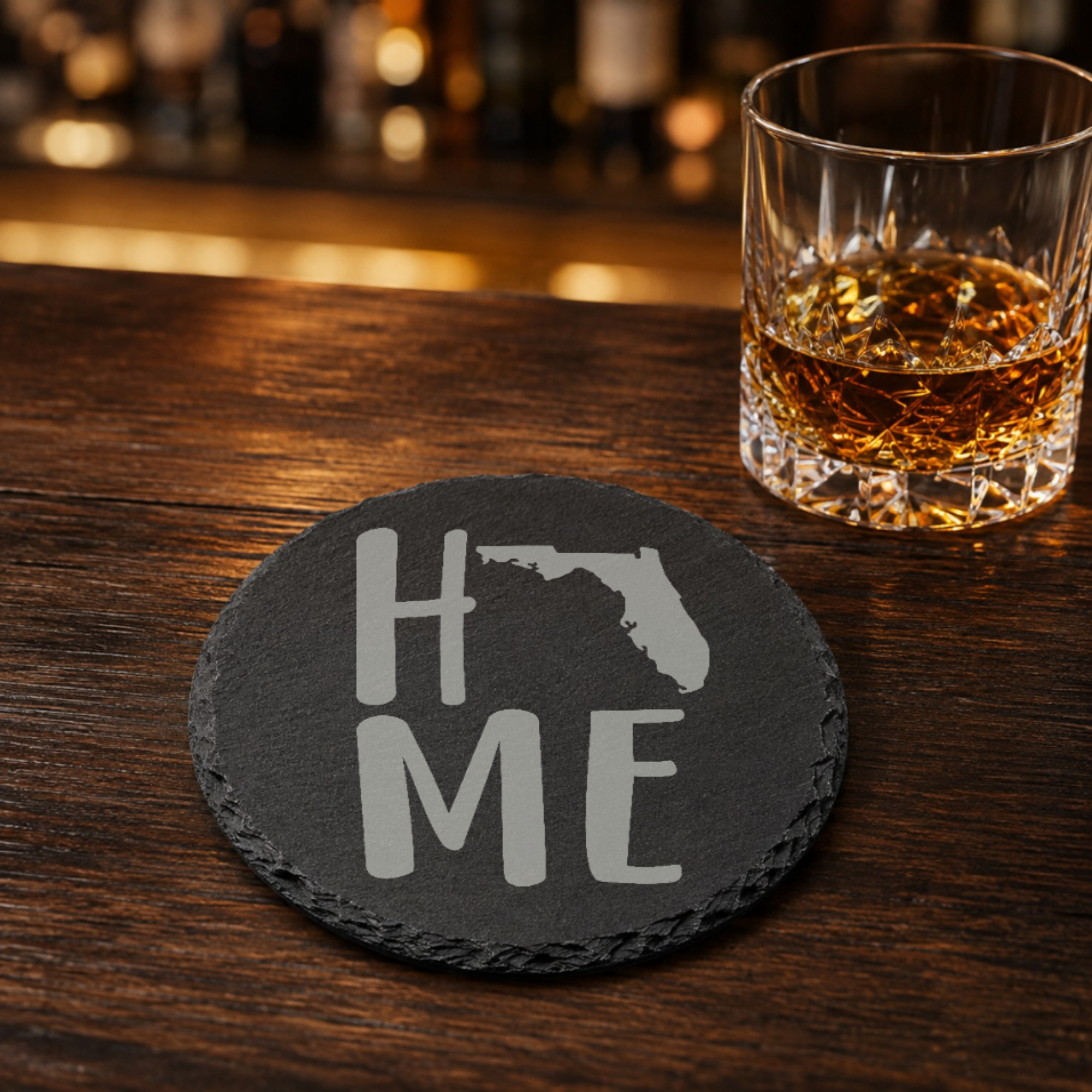 Florida Themed Slate Drink Coasters Bulk | Corporate Event Gifts | Conference Swag Bags | Retreat Welcome Gifts | Training & Company Events — Dandelion Design Co. — SlateStudioMedia:gallery:17 — 0085-FTGN_florida_themed_slate_drink_coasters_bulk_corporate_event_gifts_conference_swag_bags_retreat_welcome_gifts_training_company_events_08_round_whiskey_lifestyle.png