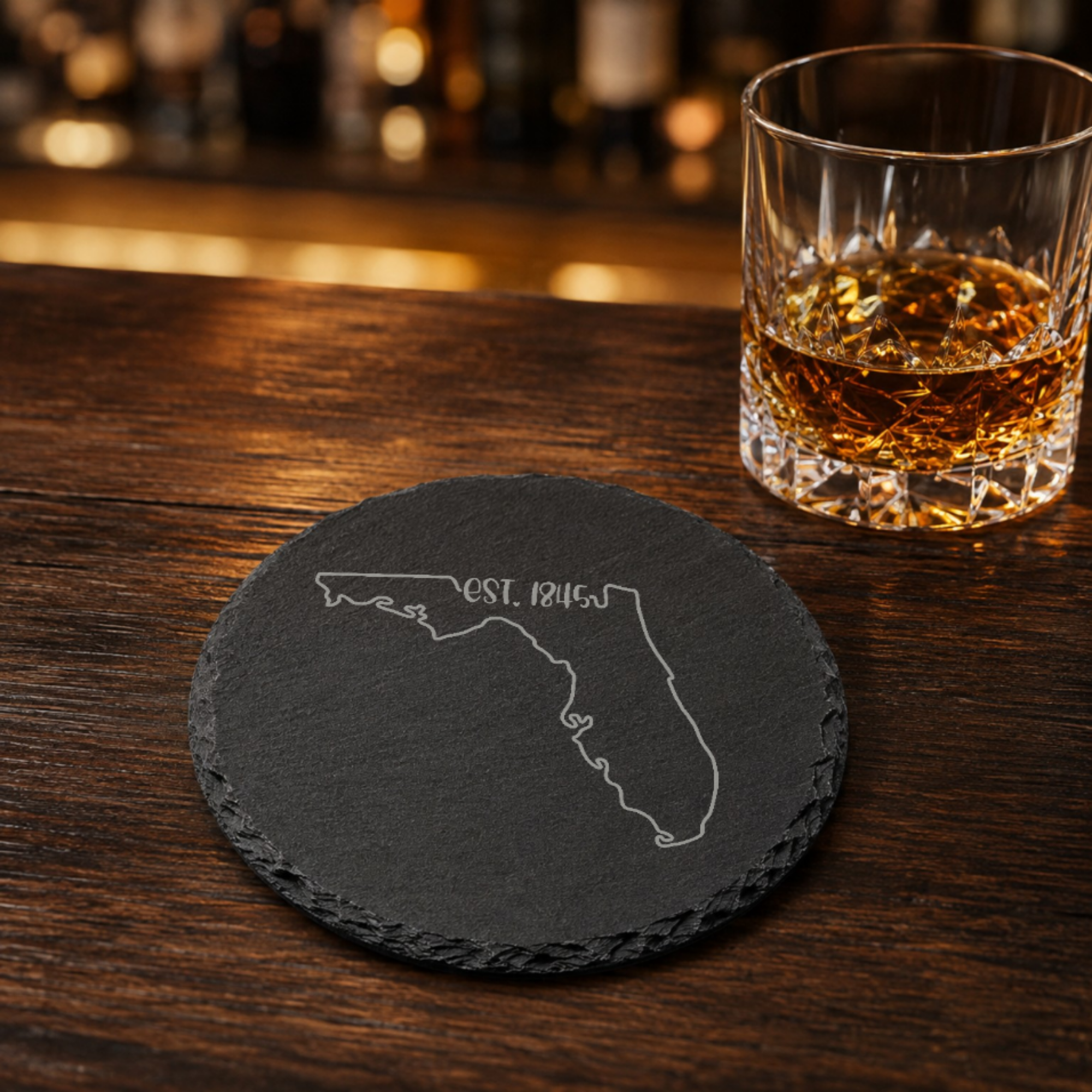 Florida Themed Slate Drink Coasters Bulk | Corporate Event Gifts | Conference Swag Bags | Retreat Welcome Gifts | Training & Company Events — Dandelion Design Co. — SlateStudioMedia:gallery:21 — 0085-FTGN_florida_themed_slate_drink_coasters_bulk_corporate_event_gifts_conference_swag_bags_retreat_welcome_gifts_training_company_events_22_D03_round_whiskey_lifestyle.png