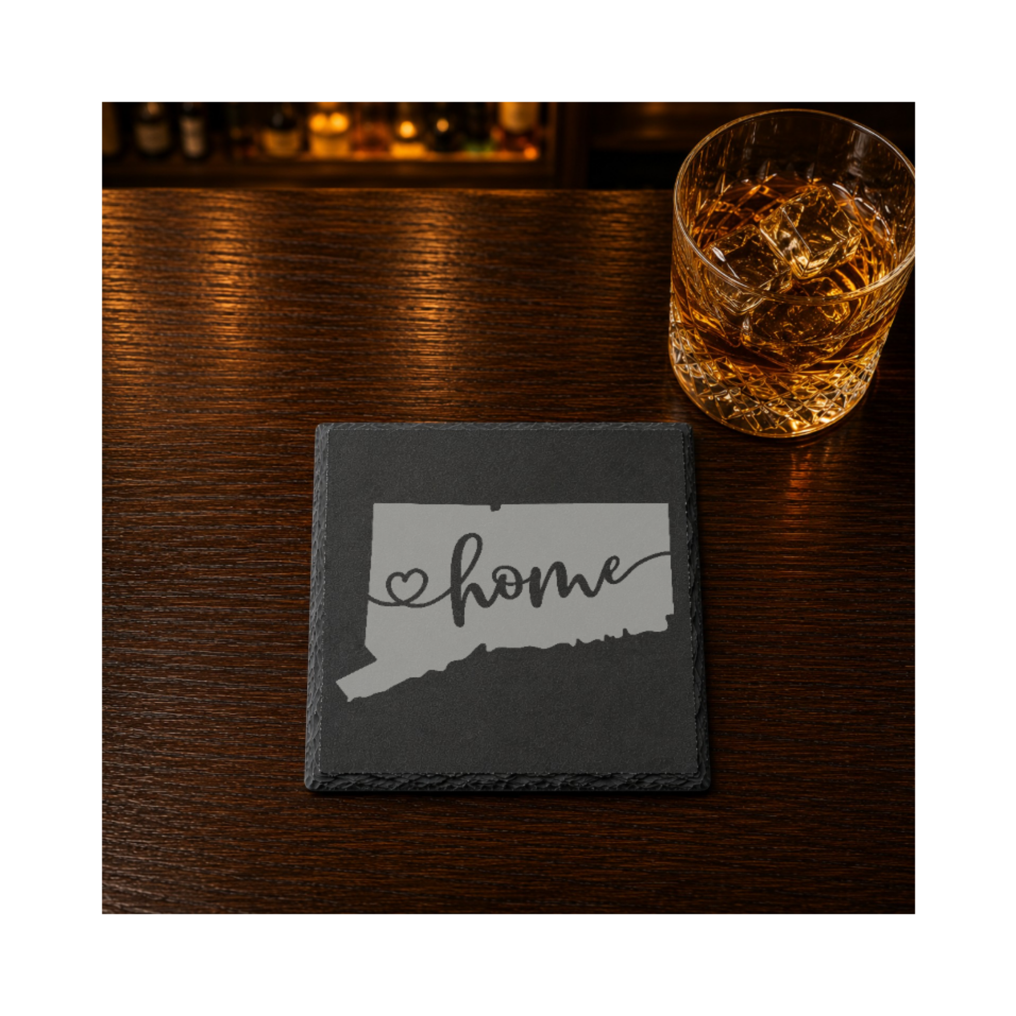 Connecticut Slate Coasters 4x4 Laser Engraved Stone Drink Coasters Connecticut Home Décor Constitution State Established 1788 Gift — Dandelion Design Co. — SlateStudioMedia:gallery:22 — 0088-CSGN_connecticut_slate_coasters_4x4_laser_engraved_stone_drink_coasters_connecticut_home_d_cor_constitution_state_established_1788_gift_13_D02_square_whiskey_lifestyle.png