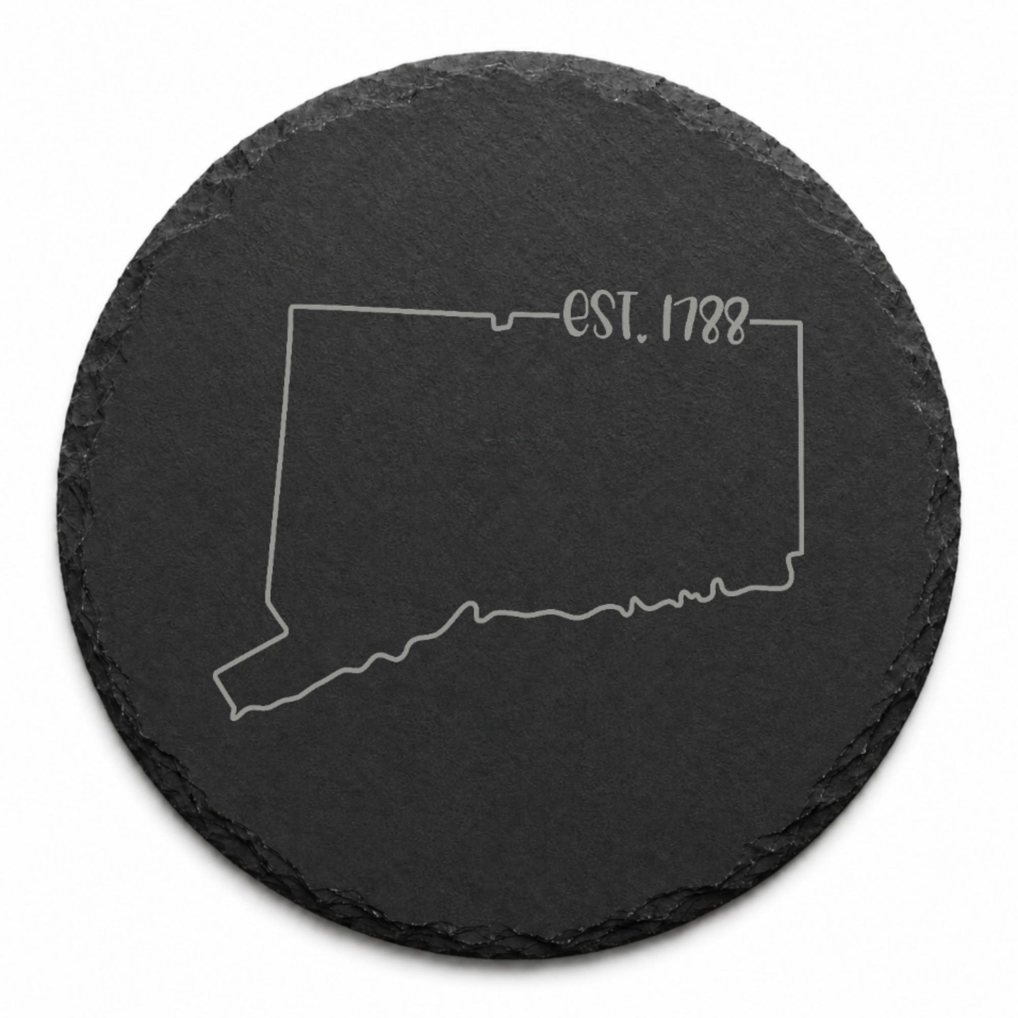 Connecticut Slate Coasters 4x4 Laser Engraved Stone Drink Coasters Connecticut Home Décor Constitution State Established 1788 Gift — Dandelion Design Co. — SlateStudioMedia:design%3A3%3Ashape%3Around:8 — 0088-CSGN_connecticut_slate_coasters_4x4_laser_engraved_stone_drink_coasters_connecticut_home_d_cor_constitution_state_established_1788_gift_20_D03_round_main.png
