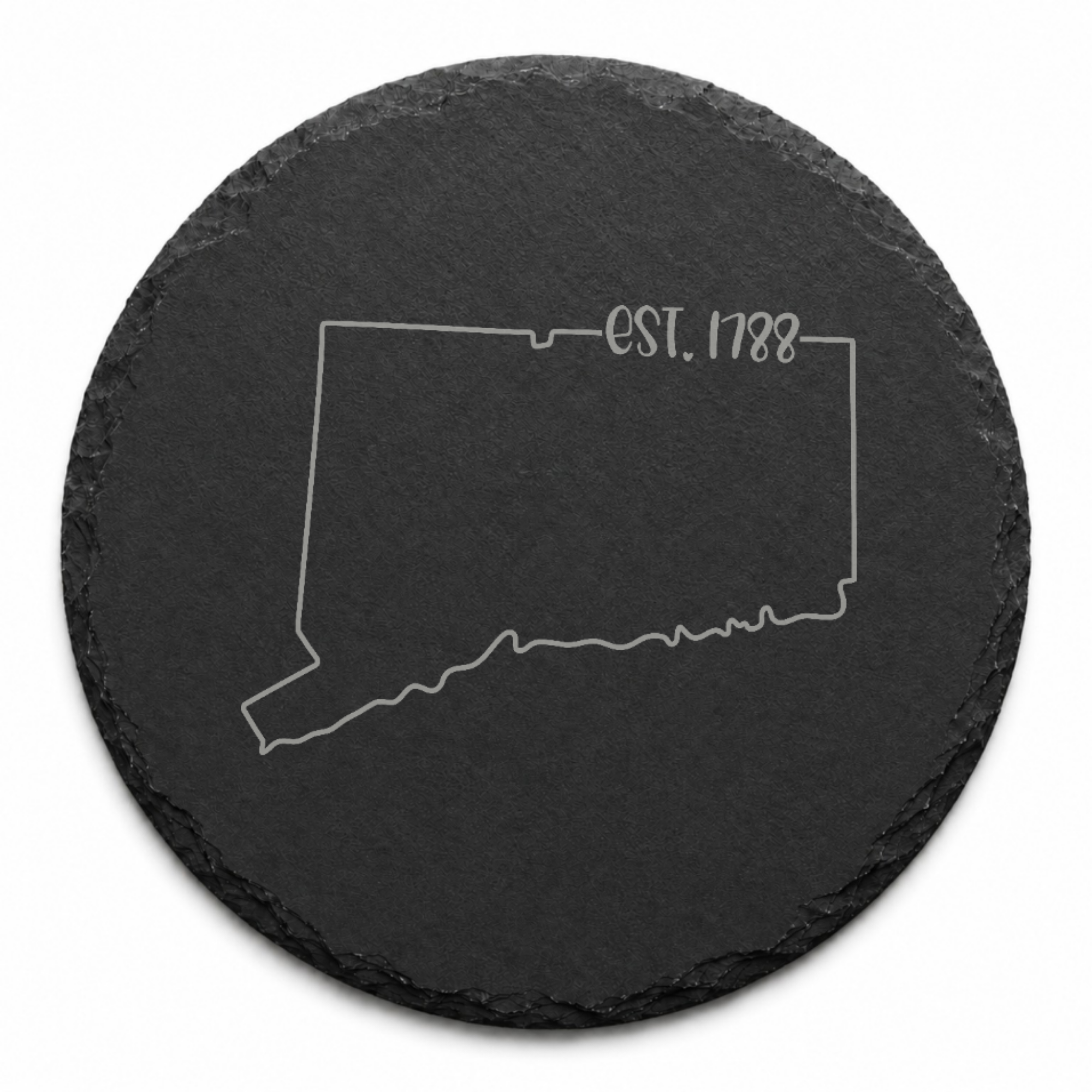 Connecticut Slate Coasters 4x4 Laser Engraved Stone Drink Coasters Connecticut Home Décor Constitution State Established 1788 Gift — Dandelion Design Co. — SlateStudioMedia:design%3A3%3Ashape%3Around:8 — 0088-CSGN_connecticut_slate_coasters_4x4_laser_engraved_stone_drink_coasters_connecticut_home_d_cor_constitution_state_established_1788_gift_20_D03_round_main.png