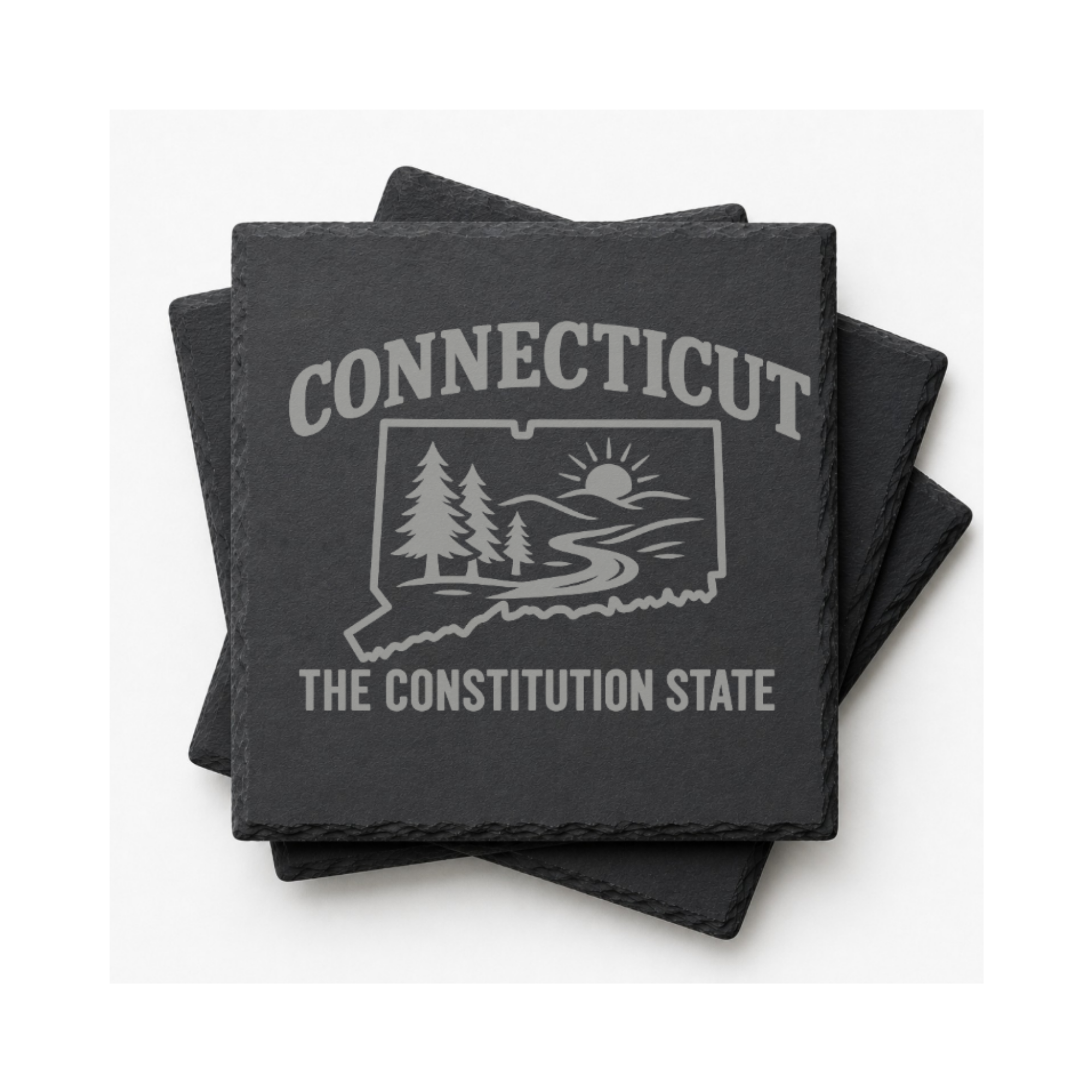Connecticut Slate Coasters 4x4 Laser Engraved Stone Drink Coasters Connecticut Home Décor Constitution State Established 1788 Gift — Dandelion Design Co. — SlateStudioMedia:gallery:18 — 0088-CSGN_connecticut_slate_coasters_4x4_laser_engraved_stone_drink_coasters_connecticut_home_d_cor_constitution_state_established_1788_gift_24_D04_square_stack.png