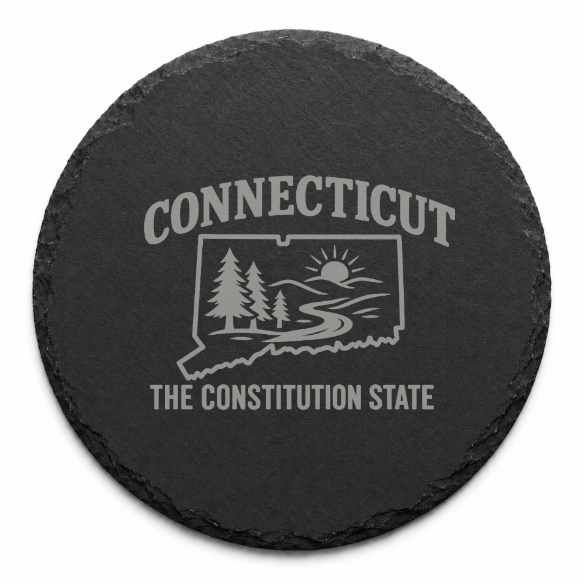 Connecticut Slate Coasters 4x4 Laser Engraved Stone Drink Coasters Connecticut Home Décor Constitution State Established 1788 Gift — Dandelion Design Co. — SlateStudioMedia:design%3A4%3Ashape%3Around:9 — 0088-CSGN_connecticut_slate_coasters_4x4_laser_engraved_stone_drink_coasters_connecticut_home_d_cor_constitution_state_established_1788_gift_26_D04_round_main.png
