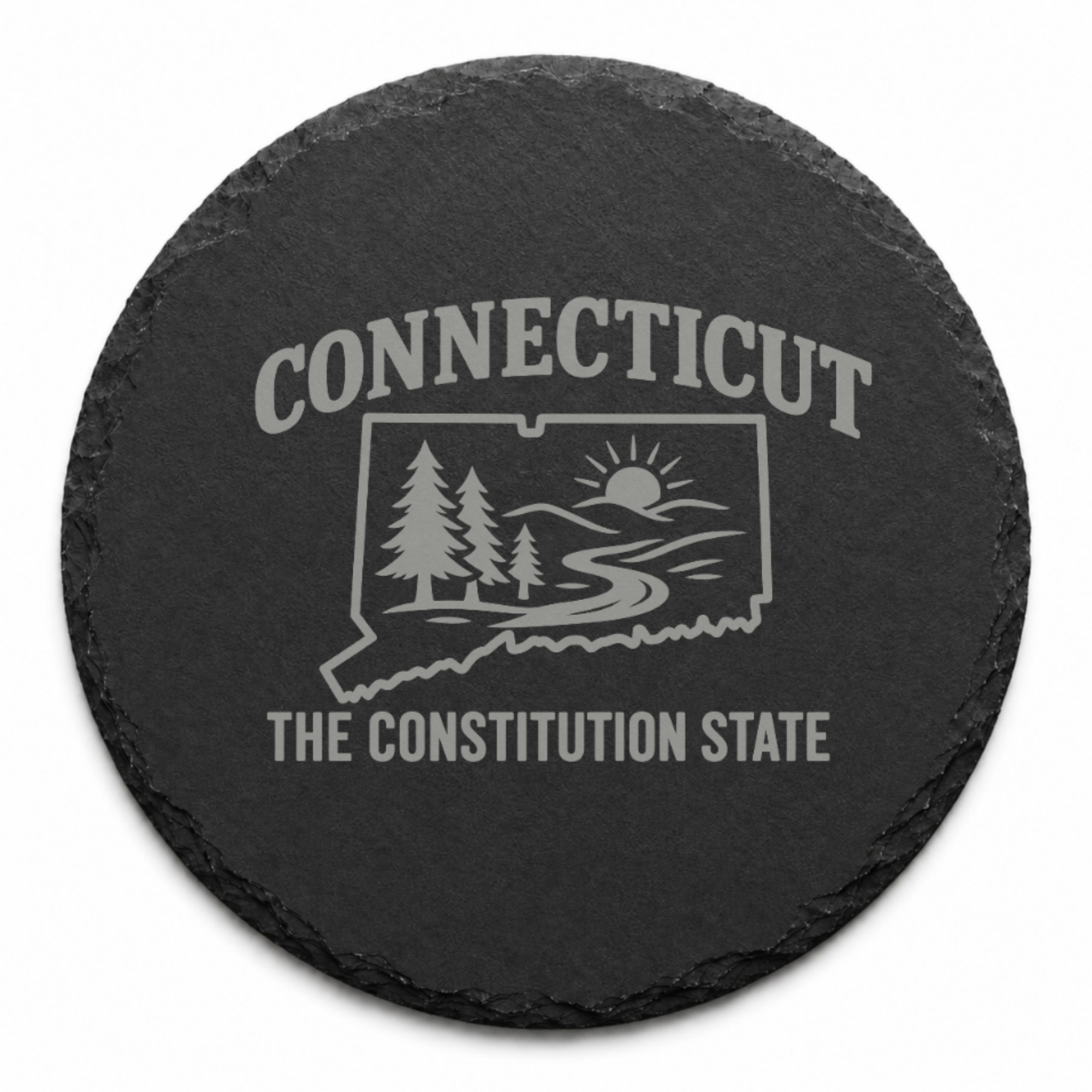 Connecticut Slate Coasters 4x4 Laser Engraved Stone Drink Coasters Connecticut Home Décor Constitution State Established 1788 Gift — Dandelion Design Co. — SlateStudioMedia:design%3A4%3Ashape%3Around:9 — 0088-CSGN_connecticut_slate_coasters_4x4_laser_engraved_stone_drink_coasters_connecticut_home_d_cor_constitution_state_established_1788_gift_26_D04_round_main.png