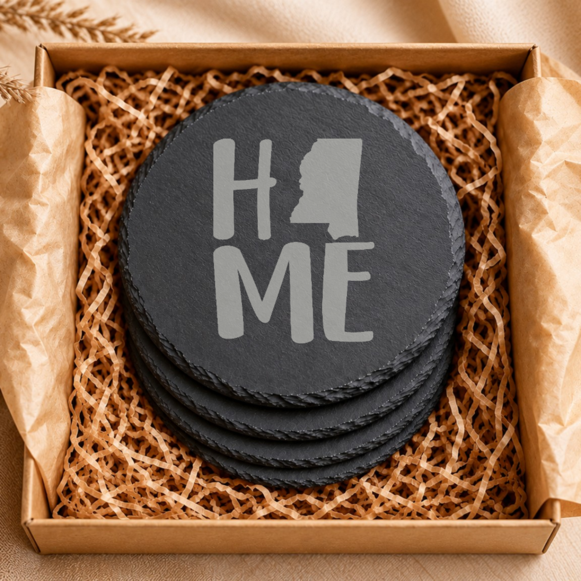 Mississippi Slate Coasters 4x4 Laser Engraved Stone Drink Coasters Mississippi Home Décor Magnolia State Established 1817 Gift — Dandelion Design Co. — SlateStudioMedia:gallery:9 — 0091-MSGN_mississippi_slate_coasters_4x4_laser_engraved_stone_drink_coasters_mississippi_home_d_cor_magnolia_state_established_1817_gift_06_round_gift_box.png