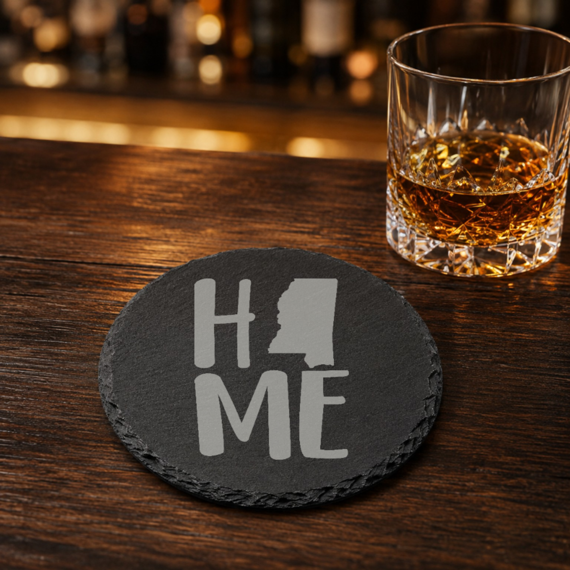 Mississippi Slate Coasters 4x4 Laser Engraved Stone Drink Coasters Mississippi Home Décor Magnolia State Established 1817 Gift — Dandelion Design Co. — SlateStudioMedia:gallery:17 — 0091-MSGN_mississippi_slate_coasters_4x4_laser_engraved_stone_drink_coasters_mississippi_home_d_cor_magnolia_state_established_1817_gift_08_round_whiskey_lifestyle.png