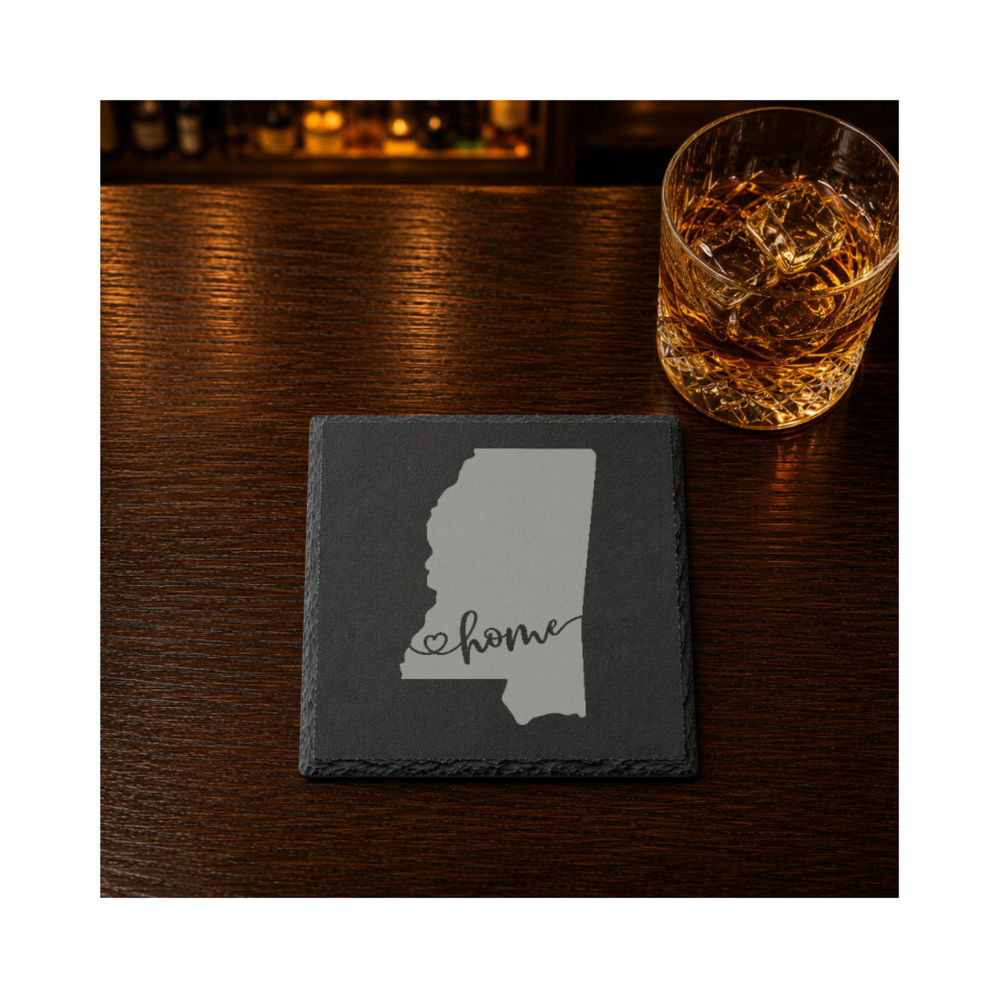 Mississippi Slate Coasters 4x4 Laser Engraved Stone Drink Coasters Mississippi Home Décor Magnolia State Established 1817 Gift — Dandelion Design Co. — SlateStudioMedia:gallery:18 — 0091-MSGN_mississippi_slate_coasters_4x4_laser_engraved_stone_drink_coasters_mississippi_home_d_cor_magnolia_state_established_1817_gift_13_D02_square_whiskey_lifestyle.png