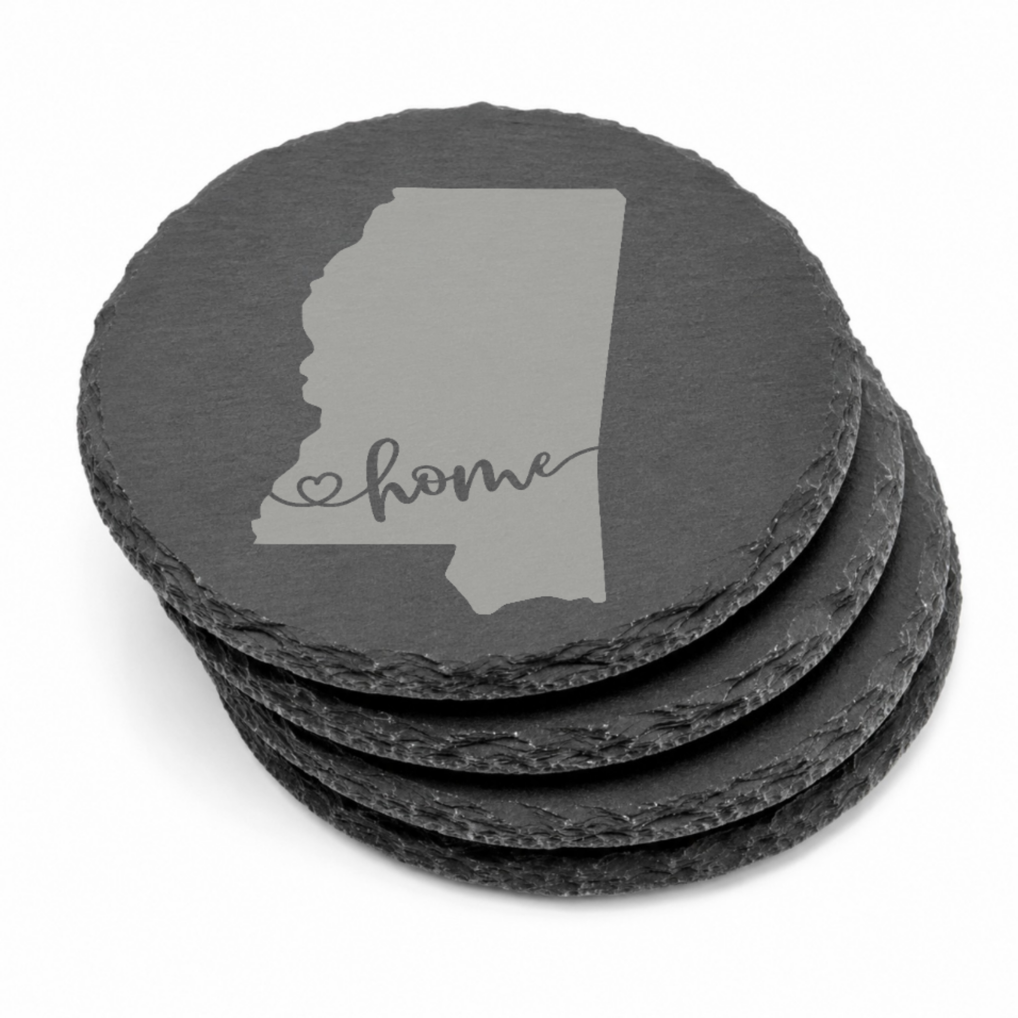 Mississippi Slate Coasters 4x4 Laser Engraved Stone Drink Coasters Mississippi Home Décor Magnolia State Established 1817 Gift — Dandelion Design Co. — SlateStudioMedia:gallery:13 — 0091-MSGN_mississippi_slate_coasters_4x4_laser_engraved_stone_drink_coasters_mississippi_home_d_cor_magnolia_state_established_1817_gift_15_D02_round_stack.png