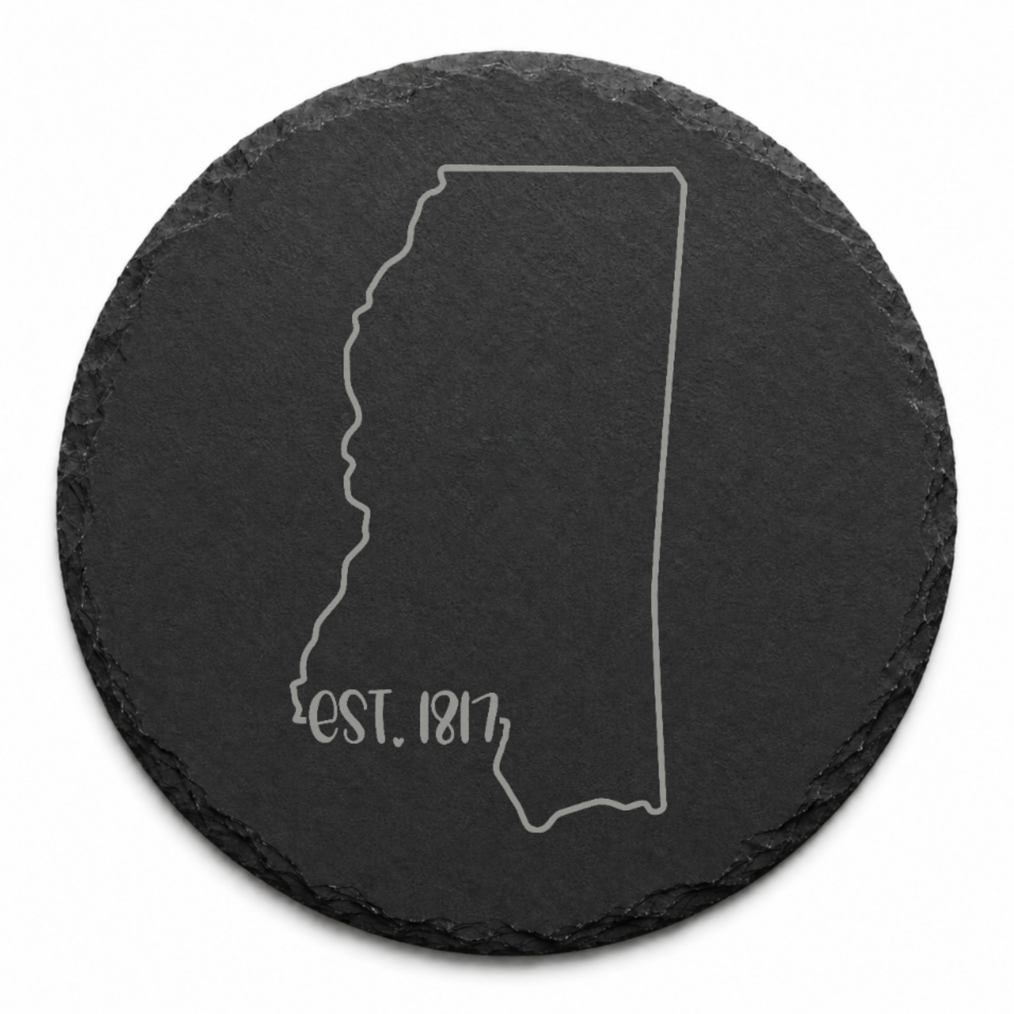 Mississippi Slate Coasters 4x4 Laser Engraved Stone Drink Coasters Mississippi Home Décor Magnolia State Established 1817 Gift — Dandelion Design Co. — SlateStudioMedia:design%3A3%3Ashape%3Around:7 — 0091-MSGN_mississippi_slate_coasters_4x4_laser_engraved_stone_drink_coasters_mississippi_home_d_cor_magnolia_state_established_1817_gift_20_D03_round_main.png