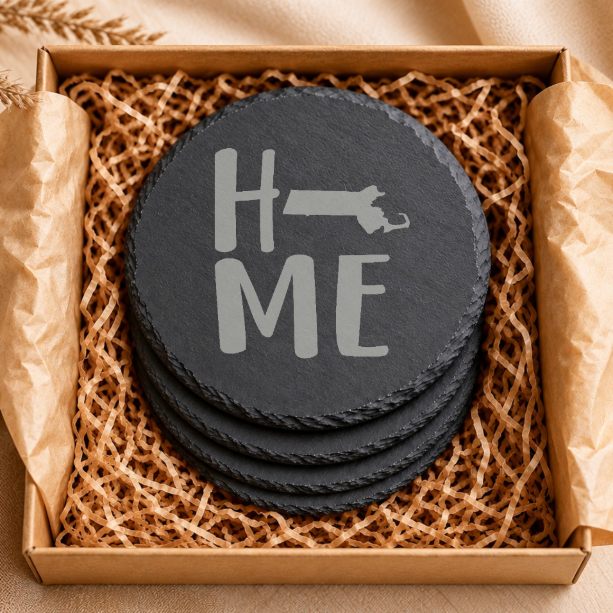 Massachusetts Slate Coasters 4x4 Laser Engraved Stone Drink Coasters Massachusetts Home Décor Bay State Established 1788 Gift — Dandelion Design Co. — SlateStudioMedia:gallery:9 — 0093-MSGN_massachusetts_slate_coasters_4x4_laser_engraved_stone_drink_coasters_massachusetts_home_d_cor_bay_state_established_1788_gift_06_round_gift_box.png