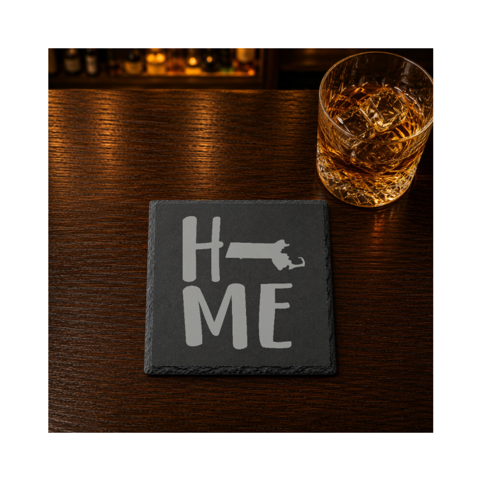 Massachusetts Slate Coasters 4x4 Laser Engraved Stone Drink Coasters Massachusetts Home Décor Bay State Established 1788 Gift — Dandelion Design Co. — SlateStudioMedia:gallery:16 — 0093-MSGN_massachusetts_slate_coasters_4x4_laser_engraved_stone_drink_coasters_massachusetts_home_d_cor_bay_state_established_1788_gift_07_square_whiskey_lifestyle.png
