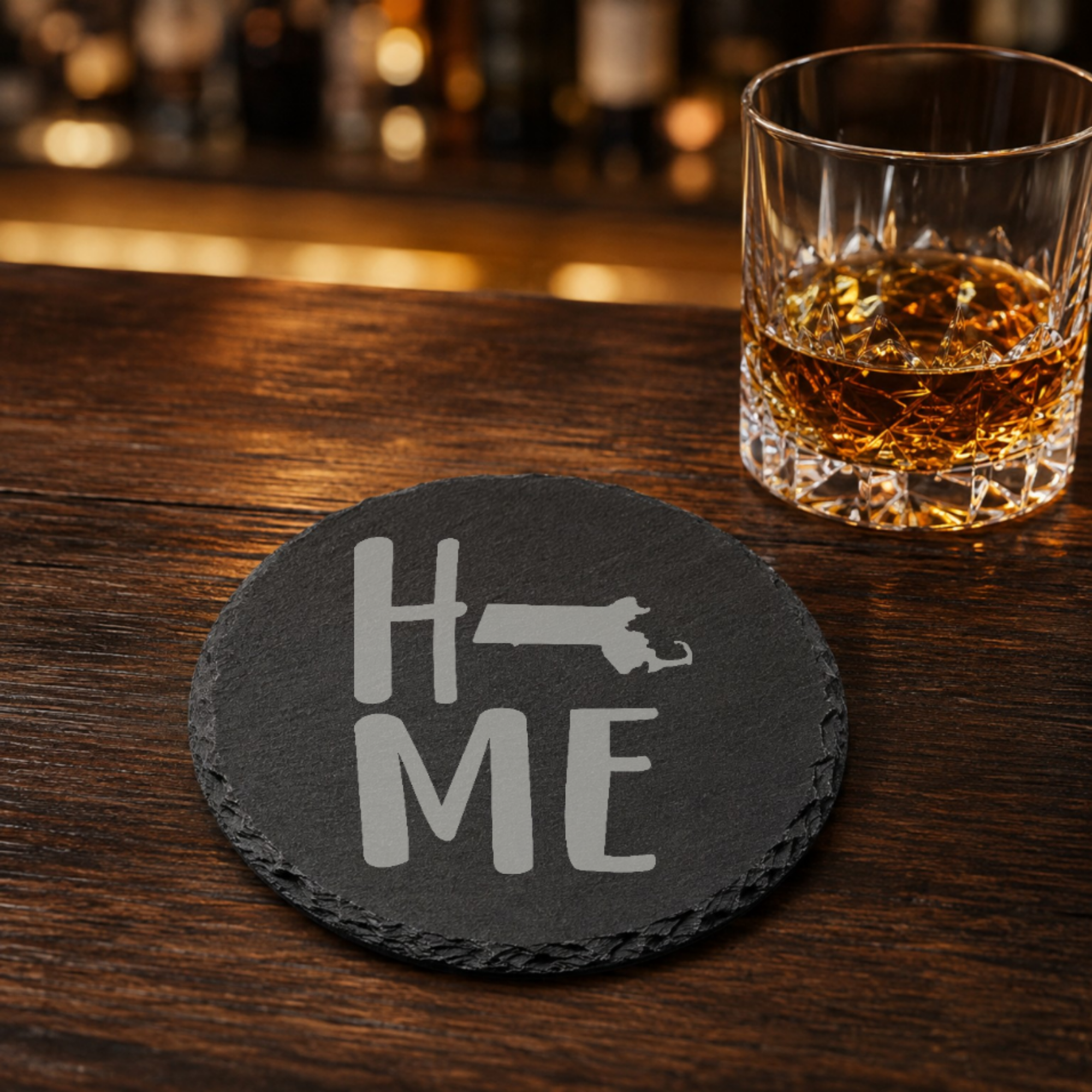 Massachusetts Slate Coasters 4x4 Laser Engraved Stone Drink Coasters Massachusetts Home Décor Bay State Established 1788 Gift — Dandelion Design Co. — SlateStudioMedia:gallery:17 — 0093-MSGN_massachusetts_slate_coasters_4x4_laser_engraved_stone_drink_coasters_massachusetts_home_d_cor_bay_state_established_1788_gift_08_round_whiskey_lifestyle.png