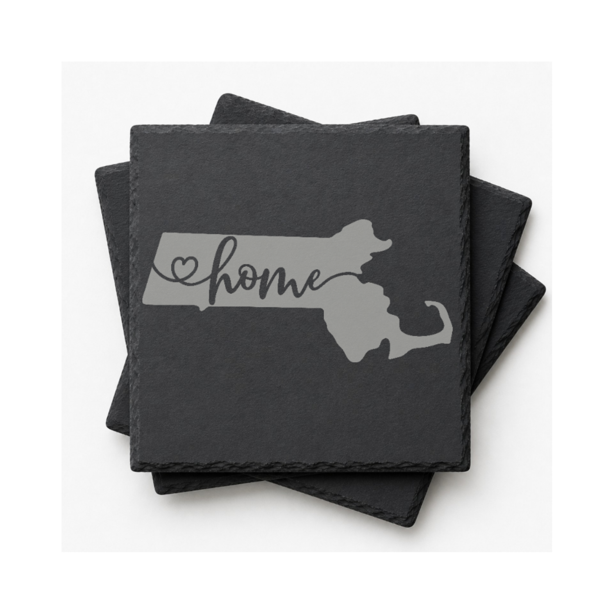 Massachusetts Slate Coasters 4x4 Laser Engraved Stone Drink Coasters Massachusetts Home Décor Bay State Established 1788 Gift — Dandelion Design Co. — SlateStudioMedia:gallery:12 — 0093-MSGN_massachusetts_slate_coasters_4x4_laser_engraved_stone_drink_coasters_massachusetts_home_d_cor_bay_state_established_1788_gift_12_D02_square_stack.png