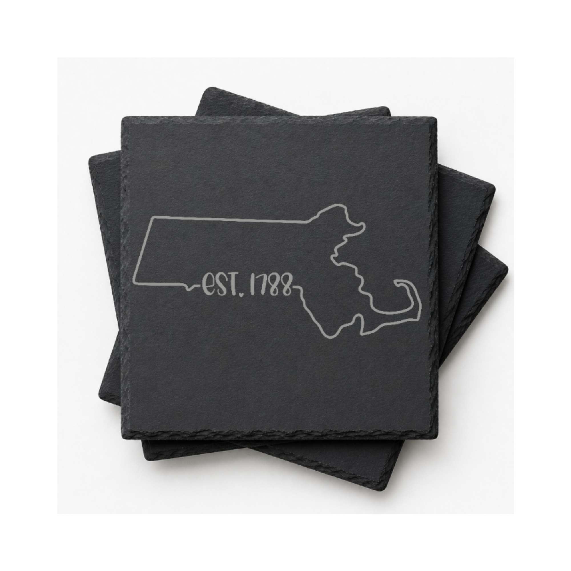 Massachusetts Slate Coasters 4x4 Laser Engraved Stone Drink Coasters Massachusetts Home Décor Bay State Established 1788 Gift — Dandelion Design Co. — SlateStudioMedia:gallery:14 — 0093-MSGN_massachusetts_slate_coasters_4x4_laser_engraved_stone_drink_coasters_massachusetts_home_d_cor_bay_state_established_1788_gift_18_D03_square_stack.png