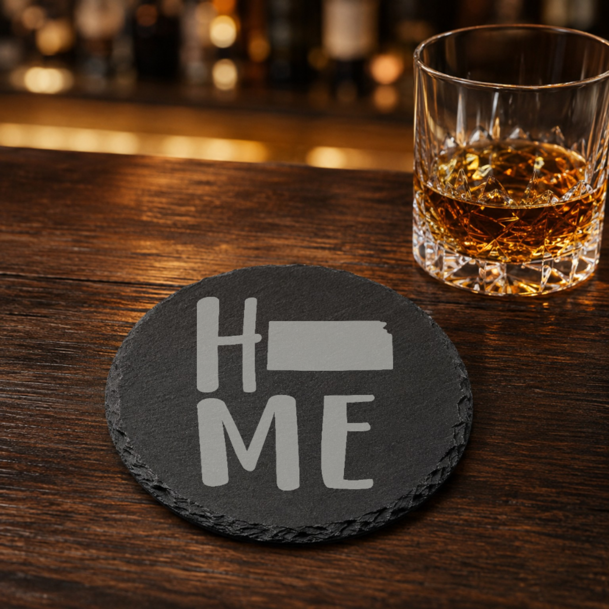 Kansas Slate Coasters 4x4 Laser Engraved Stone Drink Coasters Kansas Home Décor Sunflower State Established 1861 Gift — Dandelion Design Co. — SlateStudioMedia:gallery:17 — 0094-KSGN_kansas_slate_coasters_4x4_laser_engraved_stone_drink_coasters_kansas_home_d_cor_sunflower_state_established_1861_gift_08_round_whiskey_lifestyle.png