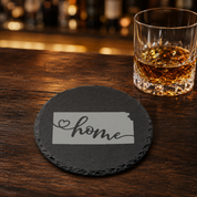 Kansas Slate Coasters 4x4 Laser Engraved Stone Drink Coasters Kansas Home Décor Sunflower State Established 1861 Gift — Dandelion Design Co. — SlateStudioMedia:gallery:19 — 0094-KSGN_kansas_slate_coasters_4x4_laser_engraved_stone_drink_coasters_kansas_home_d_cor_sunflower_state_established_1861_gift_16_D02_round_whiskey_lifestyle.png