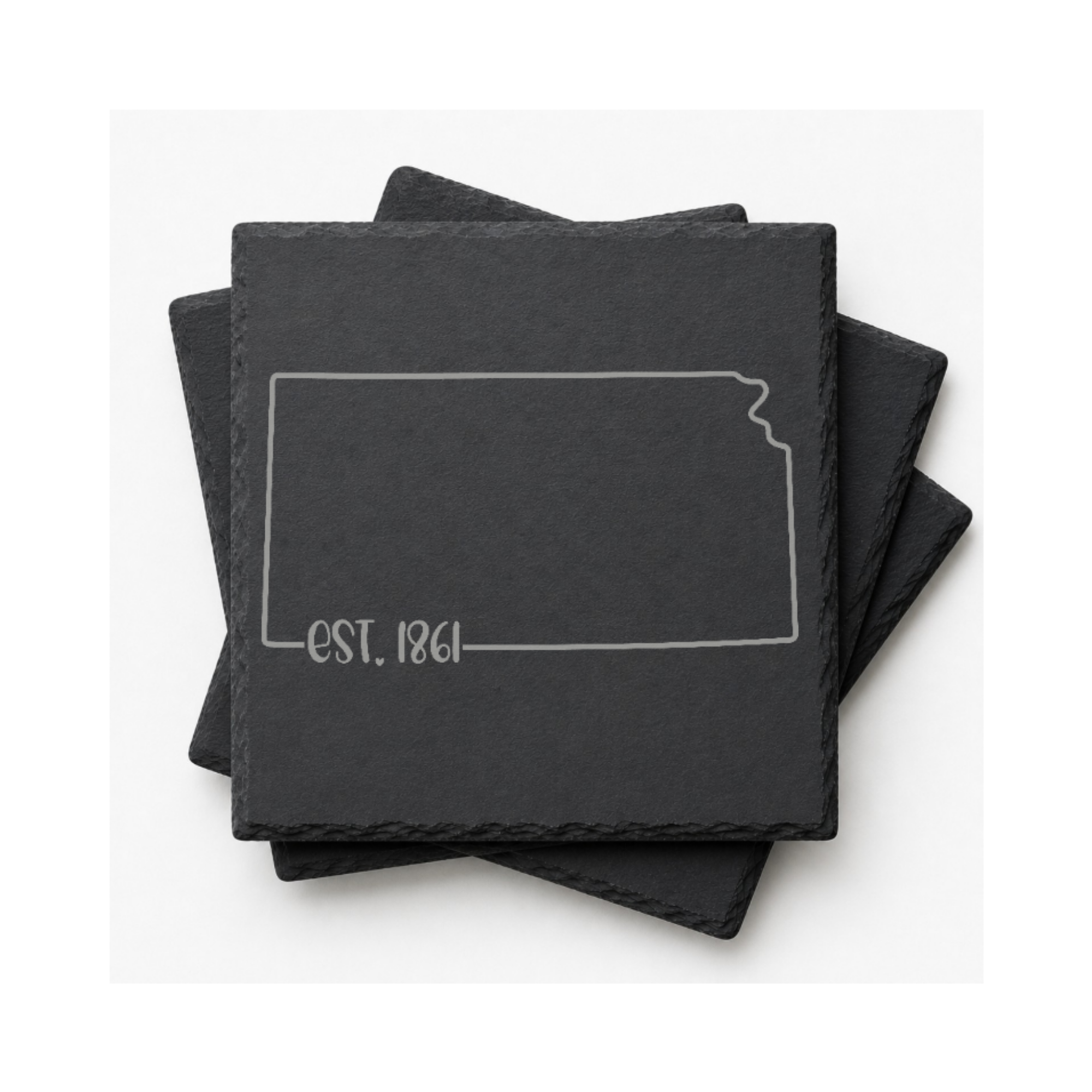 Kansas Slate Coasters 4x4 Laser Engraved Stone Drink Coasters Kansas Home Décor Sunflower State Established 1861 Gift — Dandelion Design Co. — SlateStudioMedia:gallery:14 — 0094-KSGN_kansas_slate_coasters_4x4_laser_engraved_stone_drink_coasters_kansas_home_d_cor_sunflower_state_established_1861_gift_18_D03_square_stack.png