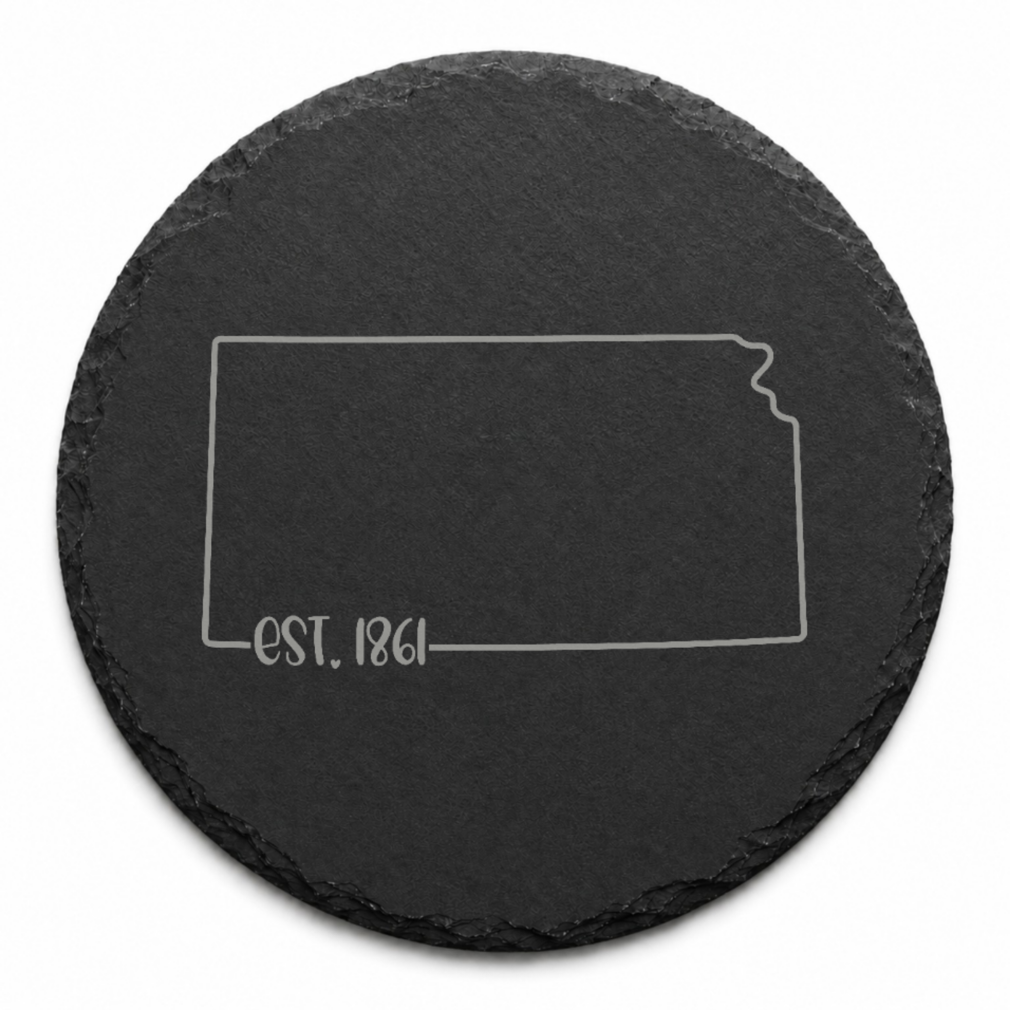 Kansas Slate Coasters 4x4 Laser Engraved Stone Drink Coasters Kansas Home Décor Sunflower State Established 1861 Gift — Dandelion Design Co. — SlateStudioMedia:design%3A3%3Ashape%3Around:7 — 0094-KSGN_kansas_slate_coasters_4x4_laser_engraved_stone_drink_coasters_kansas_home_d_cor_sunflower_state_established_1861_gift_20_D03_round_main.png