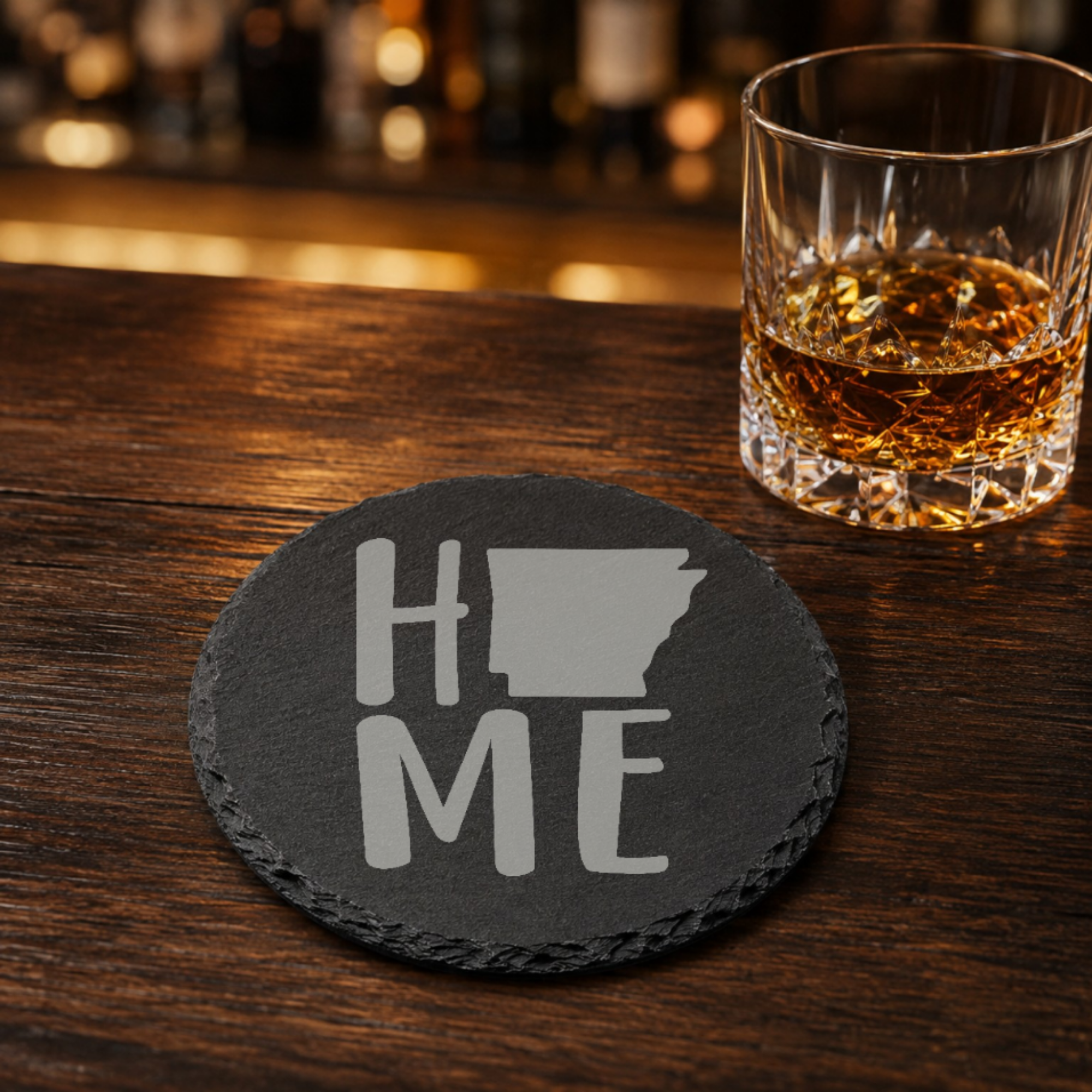 Arkansas Slate Coasters 4x4 Laser Engraved Stone Drink Coasters Arkansas Home Décor Natural State Established 1836 Gift Set — Dandelion Design Co. — SlateStudioMedia:gallery:17 — 0096-ASGN_arkansas_slate_coasters_4x4_laser_engraved_stone_drink_coasters_arkansas_home_d_cor_natural_state_established_1836_gift_set_08_round_whiskey_lifestyle.png