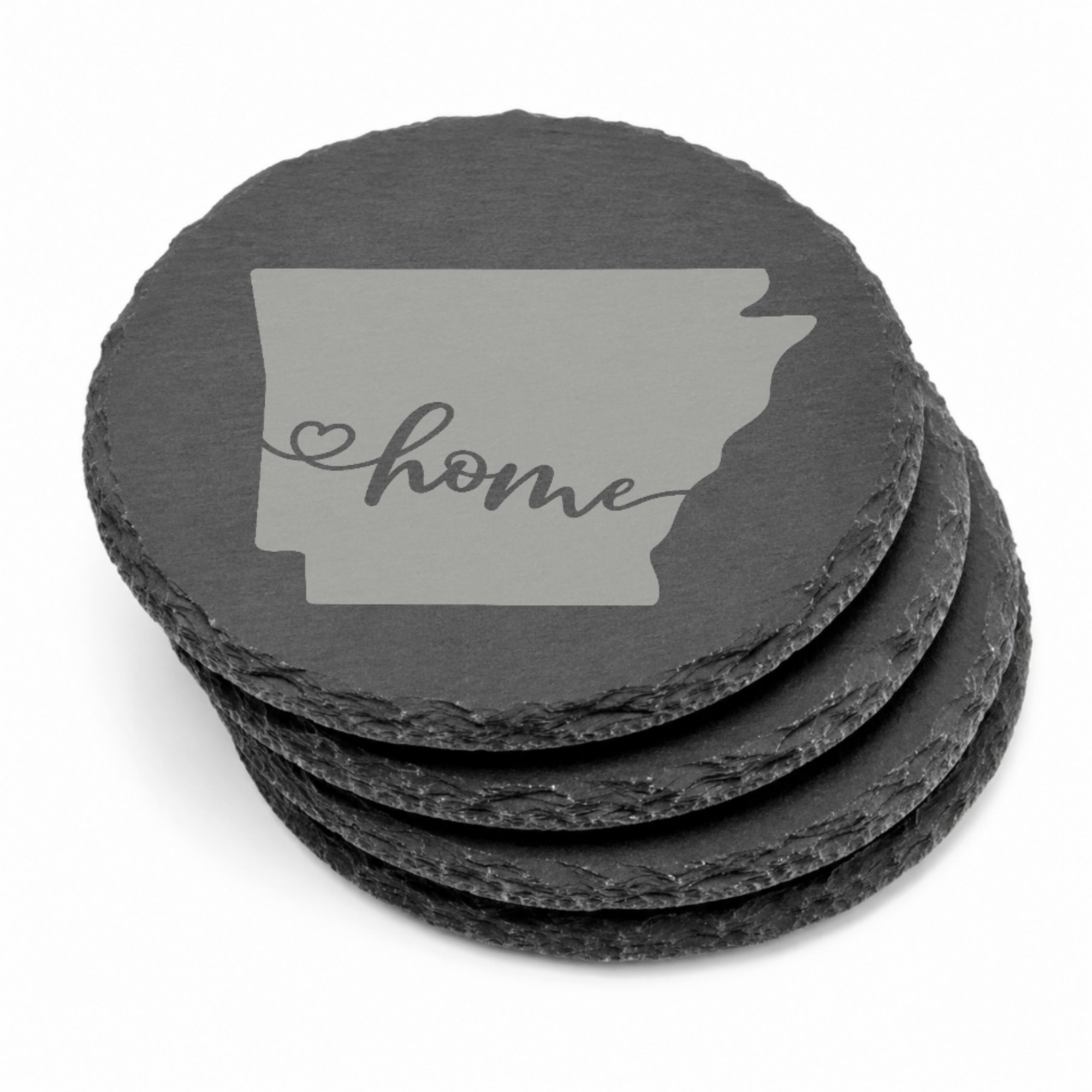 Arkansas Slate Coasters 4x4 Laser Engraved Stone Drink Coasters Arkansas Home Décor Natural State Established 1836 Gift Set — Dandelion Design Co. — SlateStudioMedia:gallery:13 — 0096-ASGN_arkansas_slate_coasters_4x4_laser_engraved_stone_drink_coasters_arkansas_home_d_cor_natural_state_established_1836_gift_set_15_D02_round_stack.png